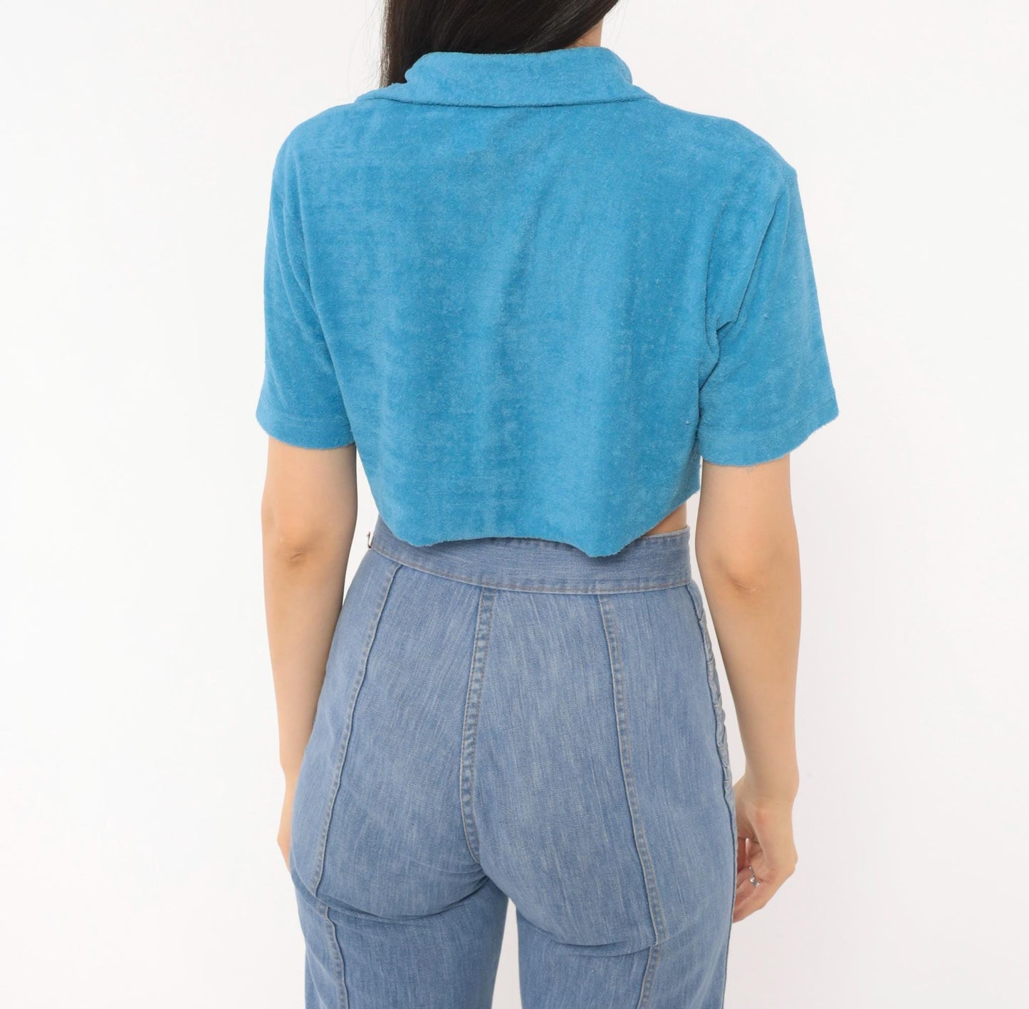 80s Jason Maxwell Terry Cloth Crop Top Blue Polo Collar Small Medium