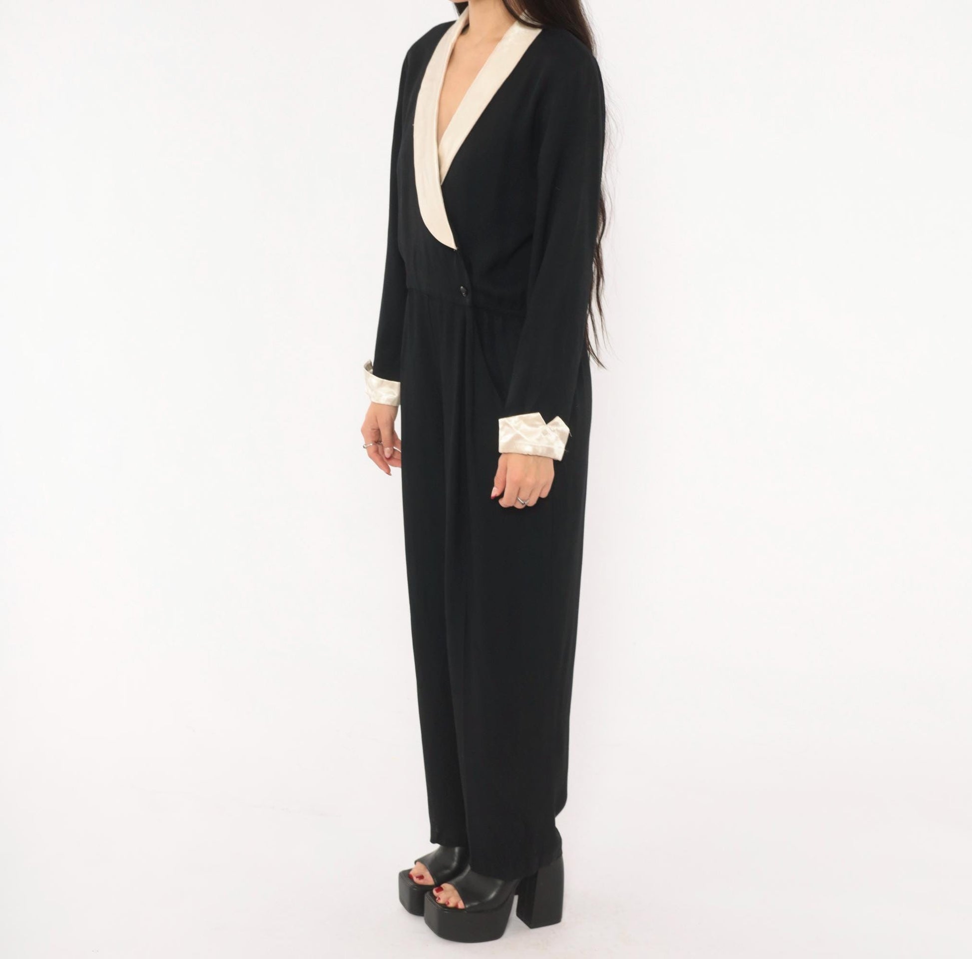 90s RJ & Co Black Jumpsuit Cream Satin Shawl Collar Wrap Front Medium M