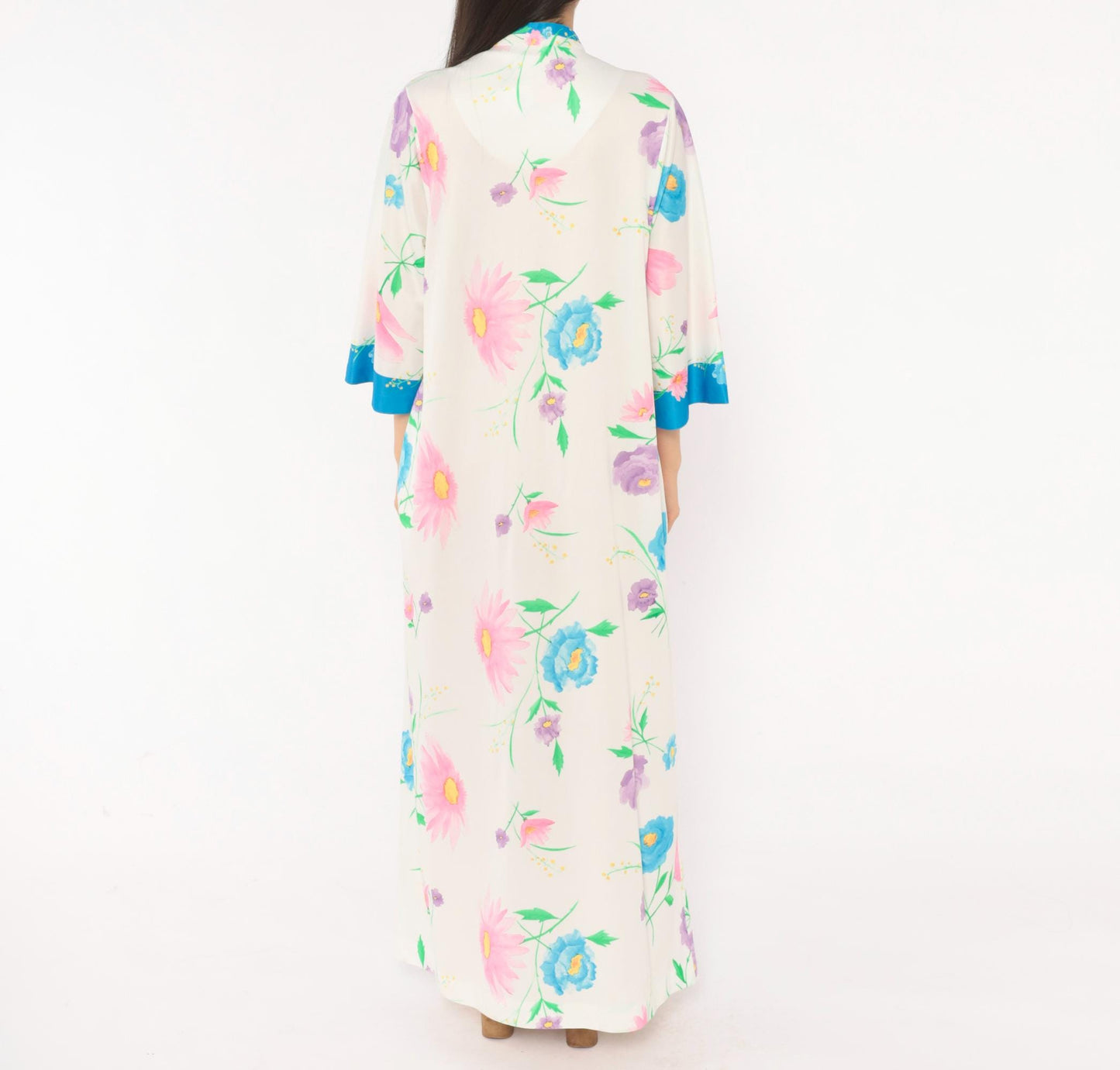70s Evelyn Parson Floral Maxi Housecoat White Mandarin Collar Robe Medium