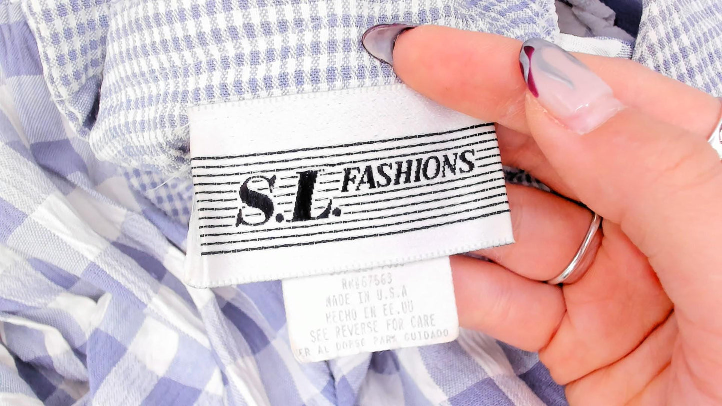 90s SL Fashions Gingham Midi Dress Blue White Check Button Back Medium