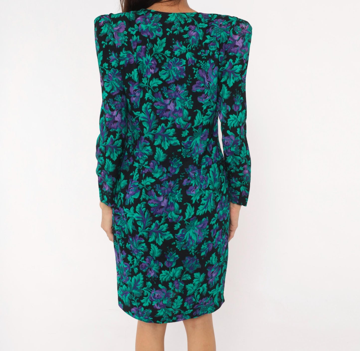 90s Petite Jazz Floral Button-Front Dress Teal Black Botanical Shoulder Pad Large