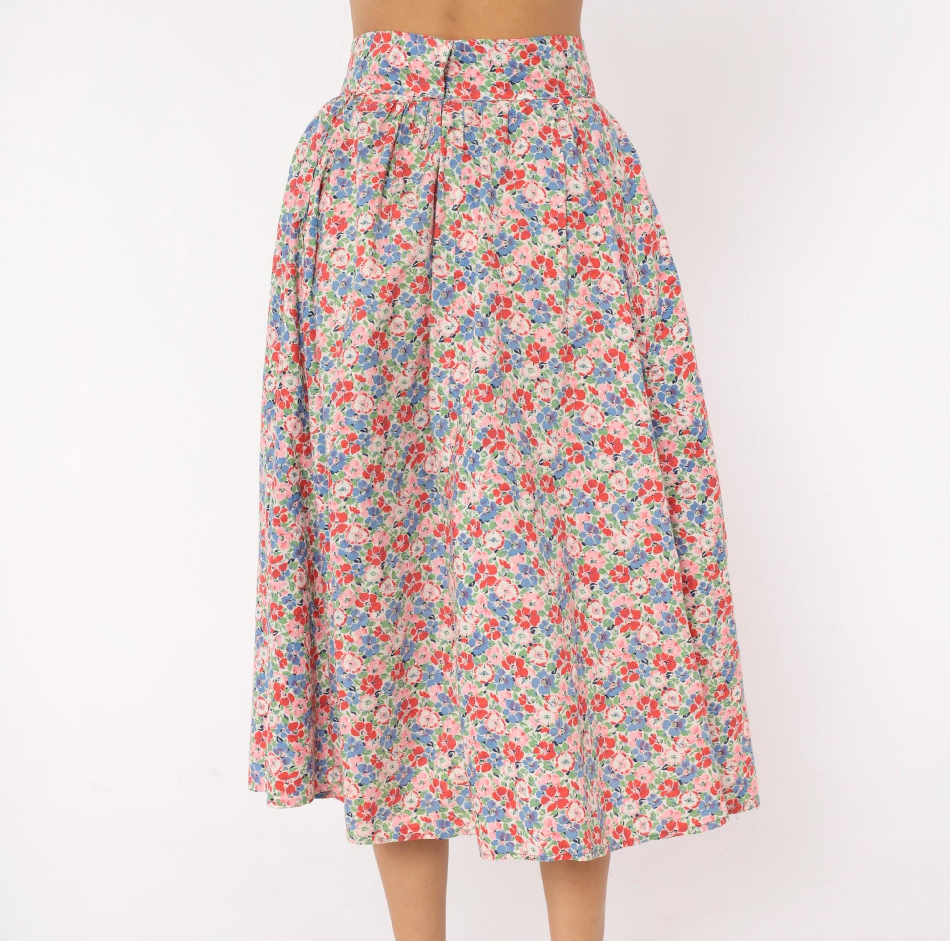 80s Floral Midi Skirt Pink Blue Calico Print High-Rise Pleated Small