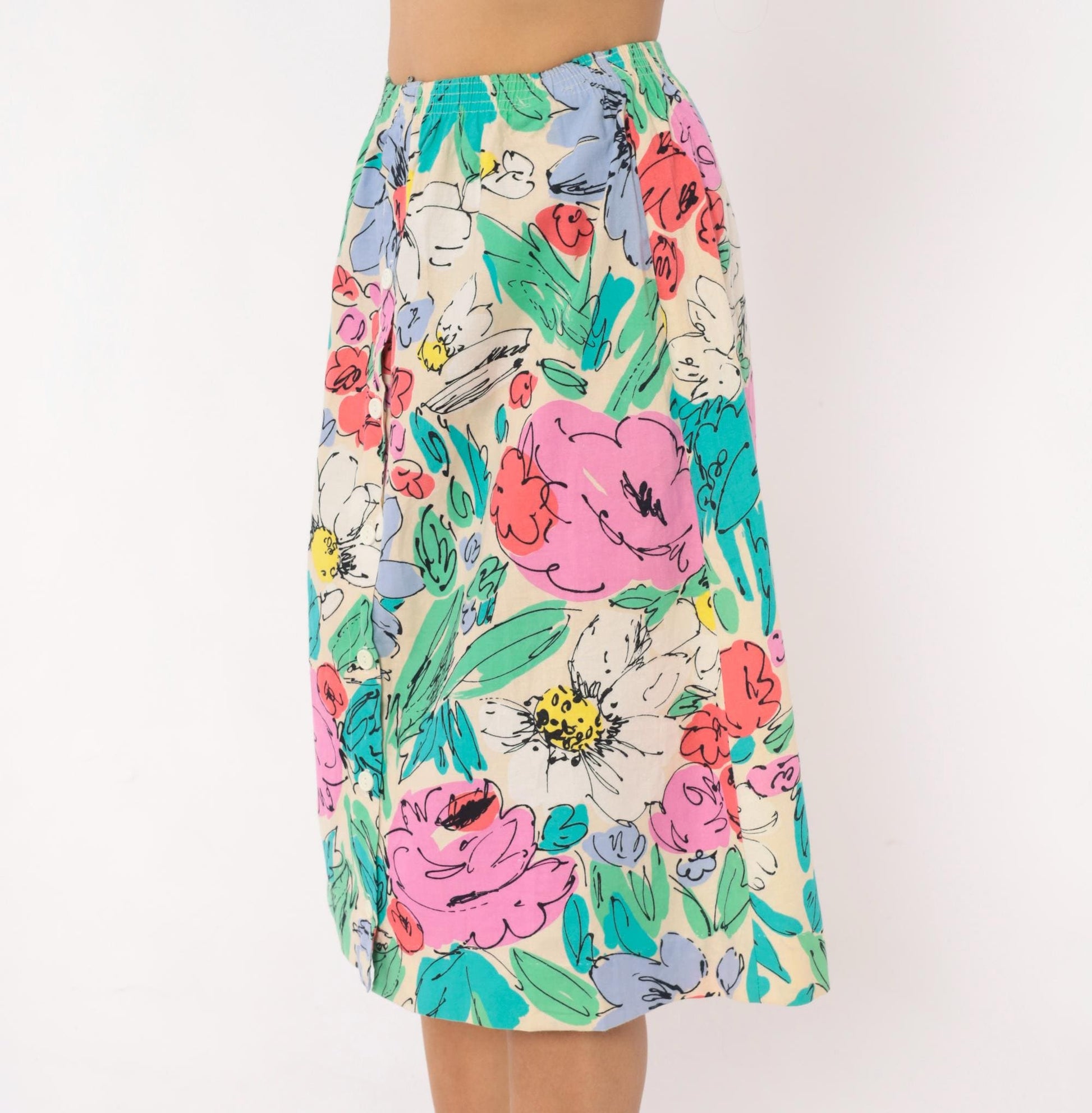 90s Floral Button Front Midi Skirt Cream Watercolor Cotton Small