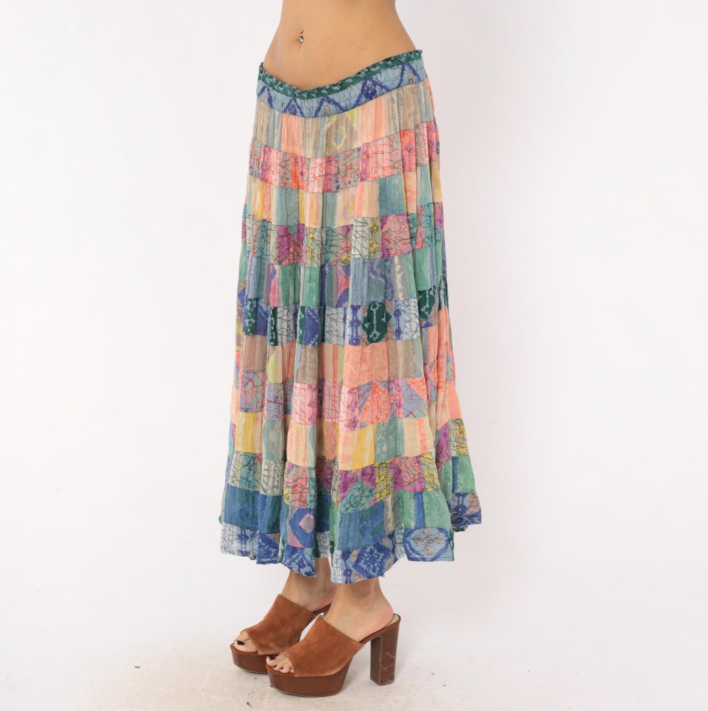 90s Bila California Patchwork Batik Maxi Skirt Tiered Gauze Large