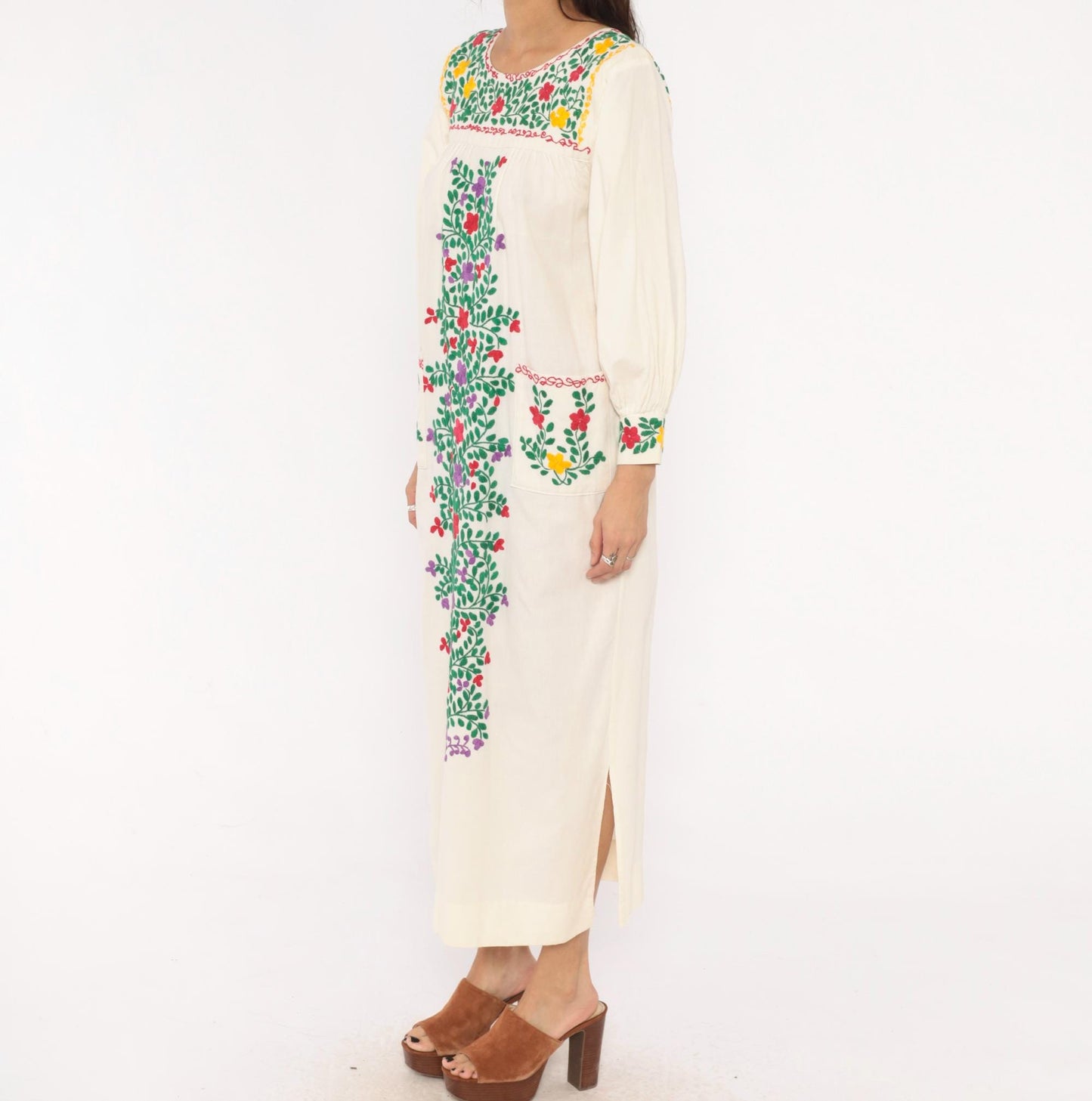 70s Embroidered Mexican Cotton Maxi Dress Floral Cream Long Sleeve Small