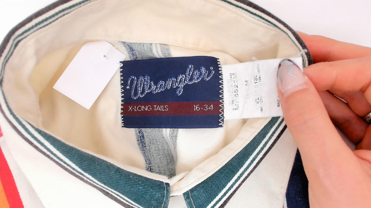 90s Wrangler Striped Button-Up Shirt Cream Navy Orange Vertical Stripe Western Extra Large XL