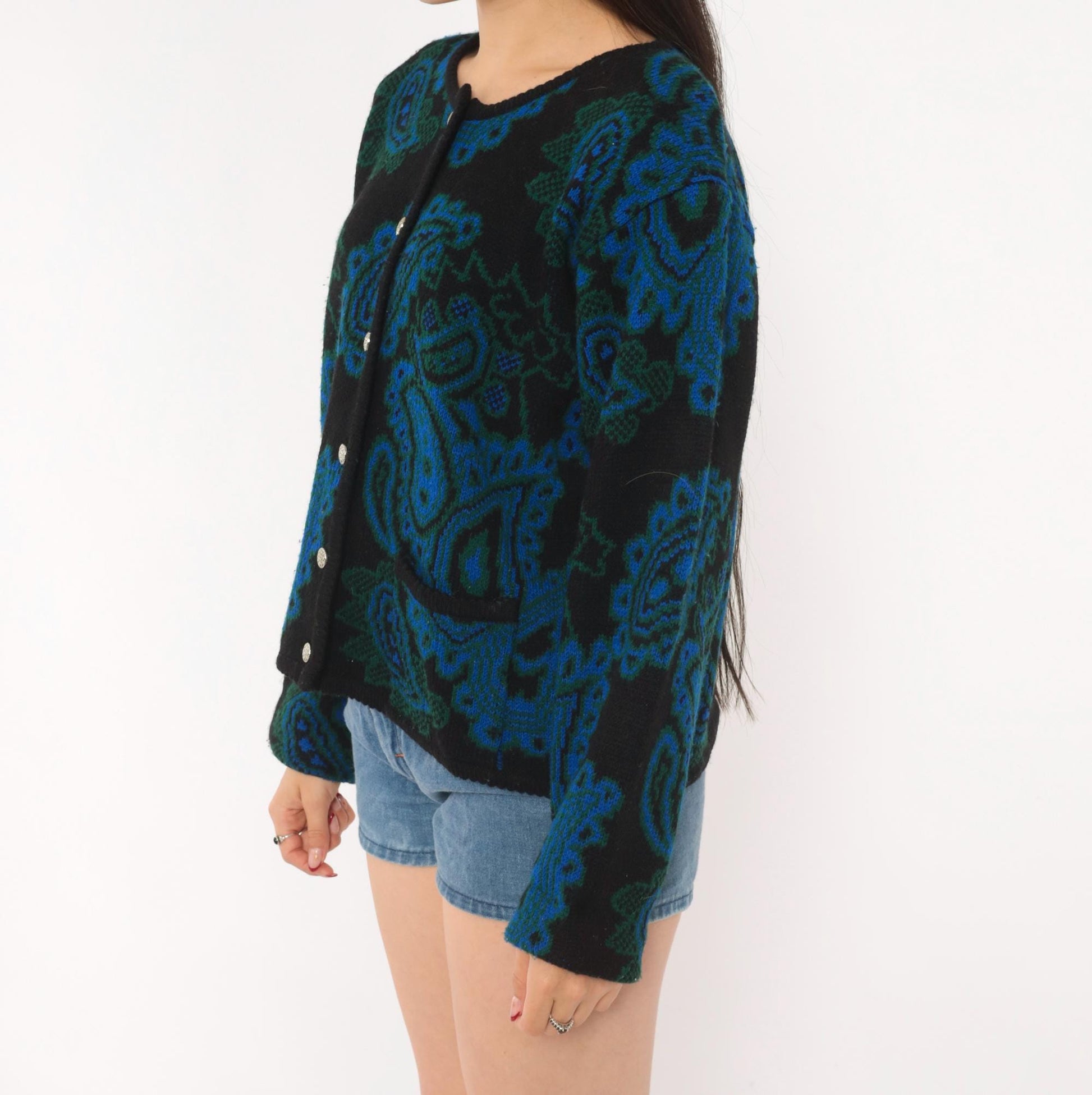 70s Tally-Ho Paisley Jacquard Cardigan Blue Green Black Button Front Large