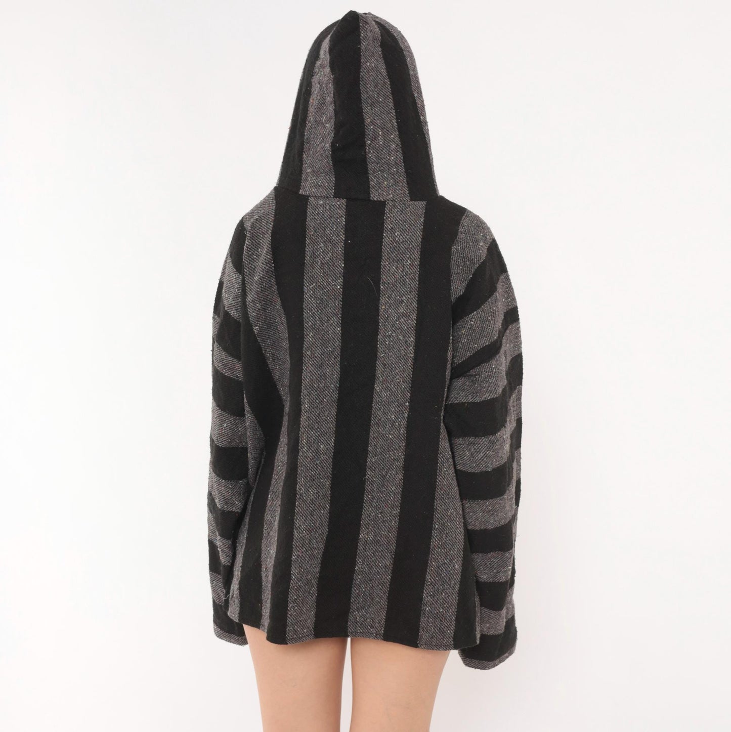 90s Baja Hoodie Black Grey Striped Woven Blanket Pullover Unisex Extra Large