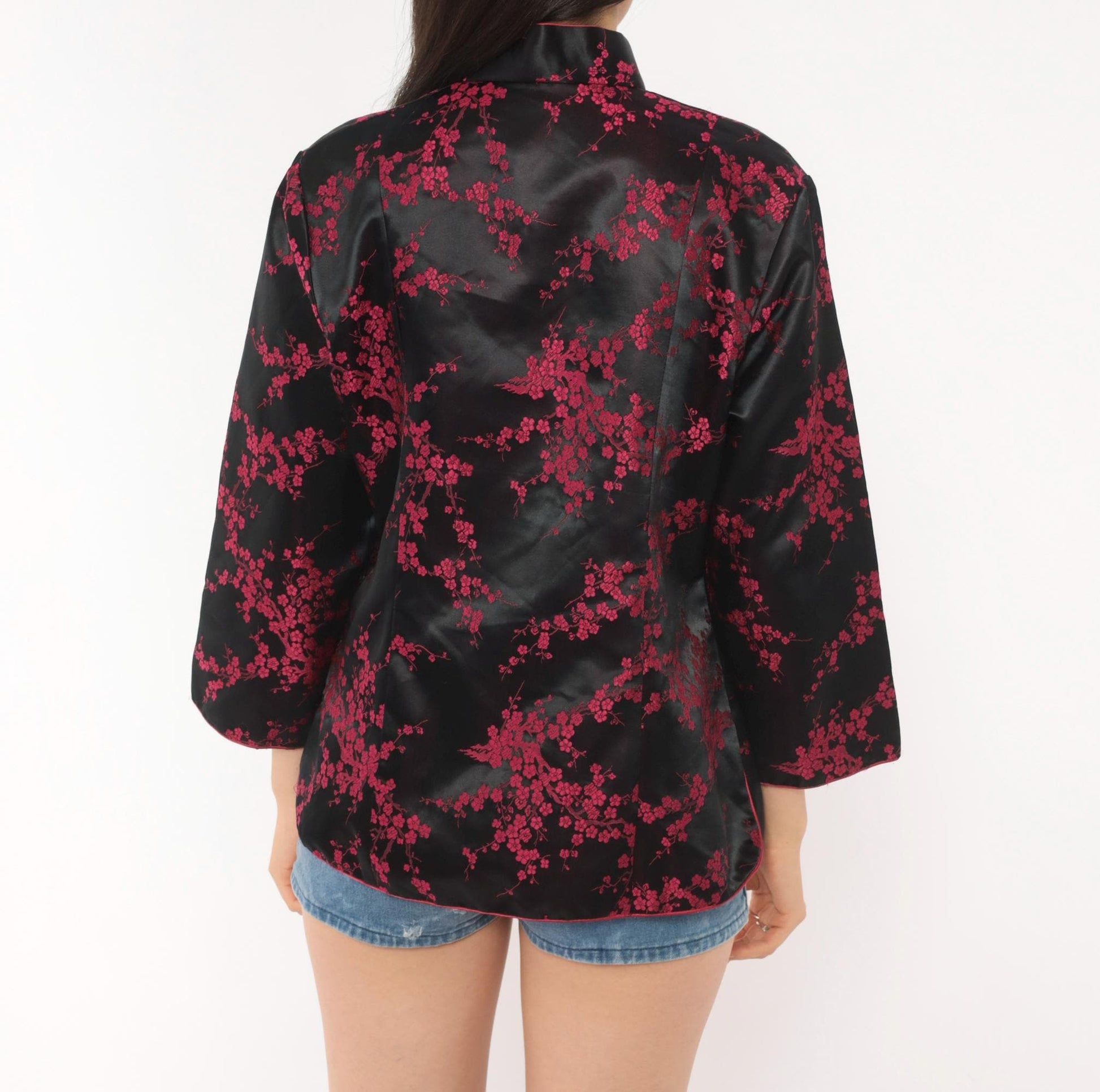 90s King Hu Black Brocade Jacket Cherry Blossom Mandarin Collar Large L