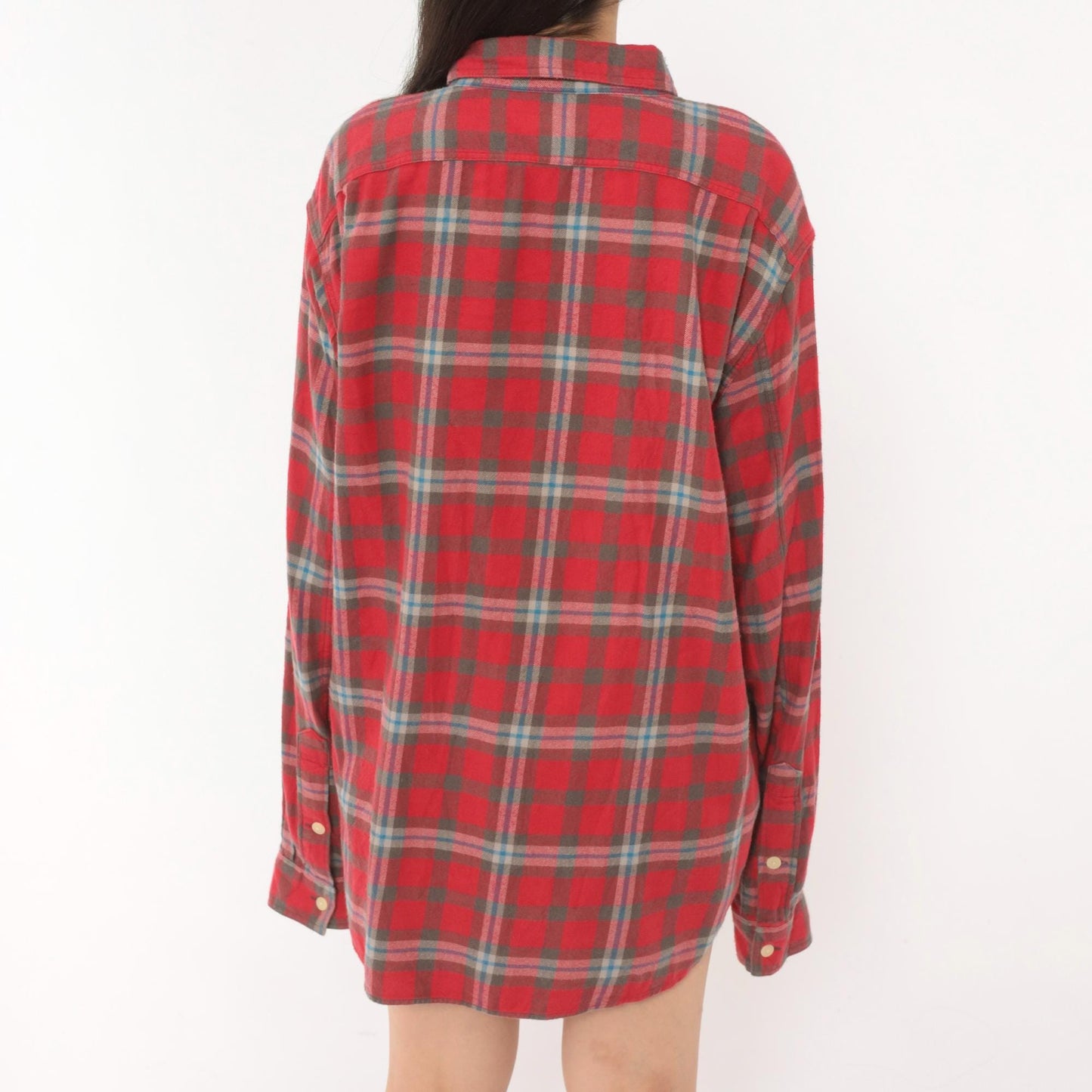 2000s J.Crew Red Plaid Flannel Button-Up Shirt Cotton Grey Blue Check Extra Large XL