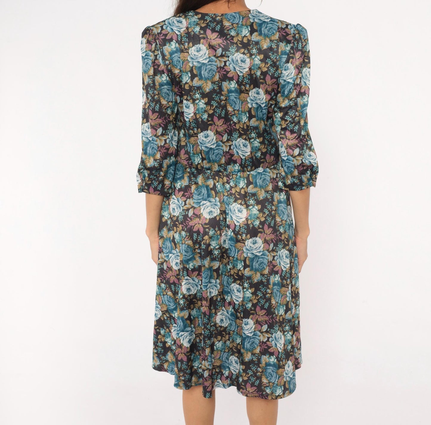 80s Rose Floral Button-Front Dress Blue Sweetheart Puff Sleeve Midi Large L