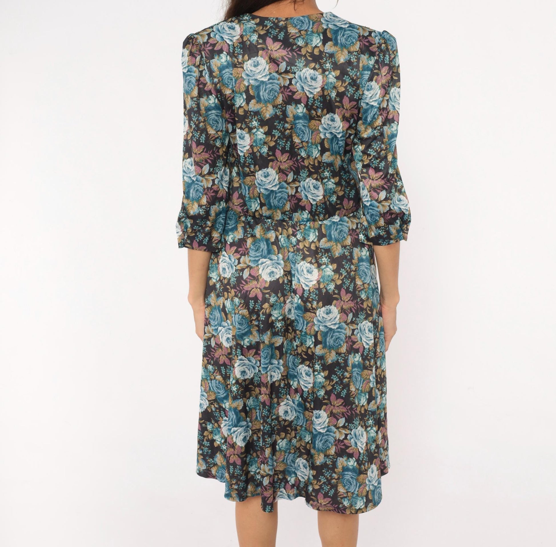 80s Rose Floral Button-Front Dress Blue Sweetheart Puff Sleeve Midi Large L