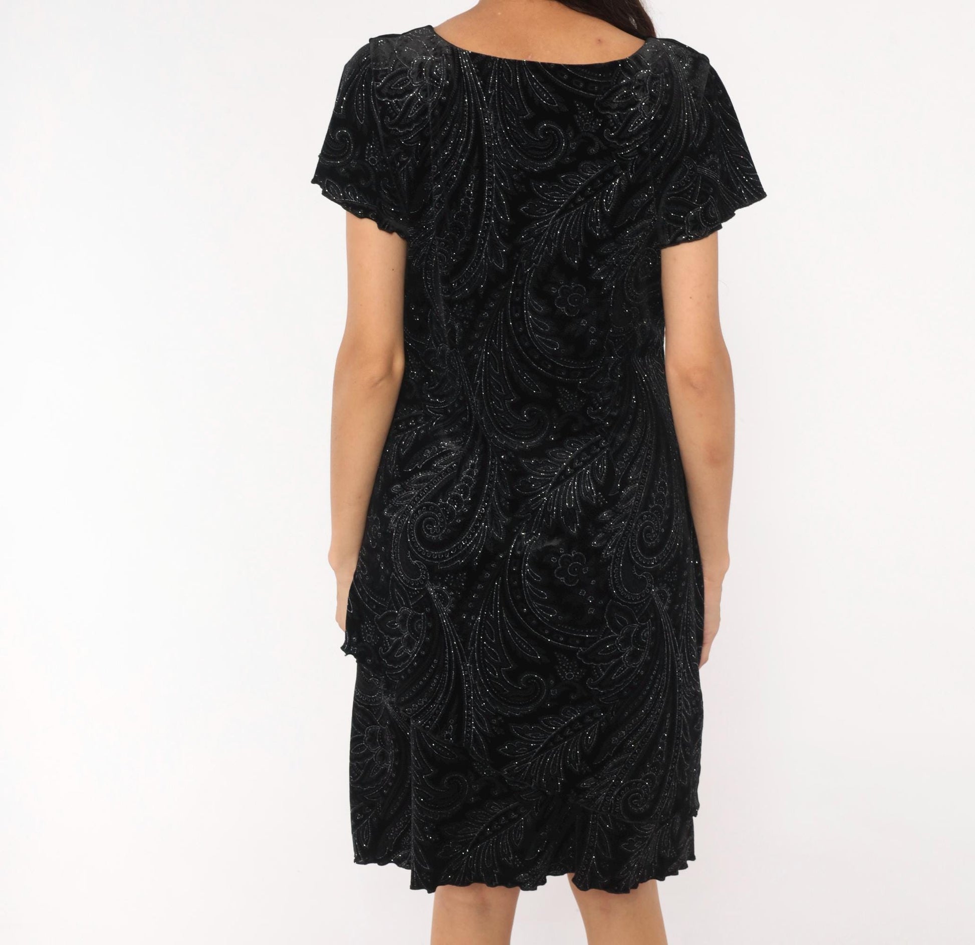 90s S.L. Fashions Black Velvet Paisley Glitter Dress Flutter Sleeve Medium Petite