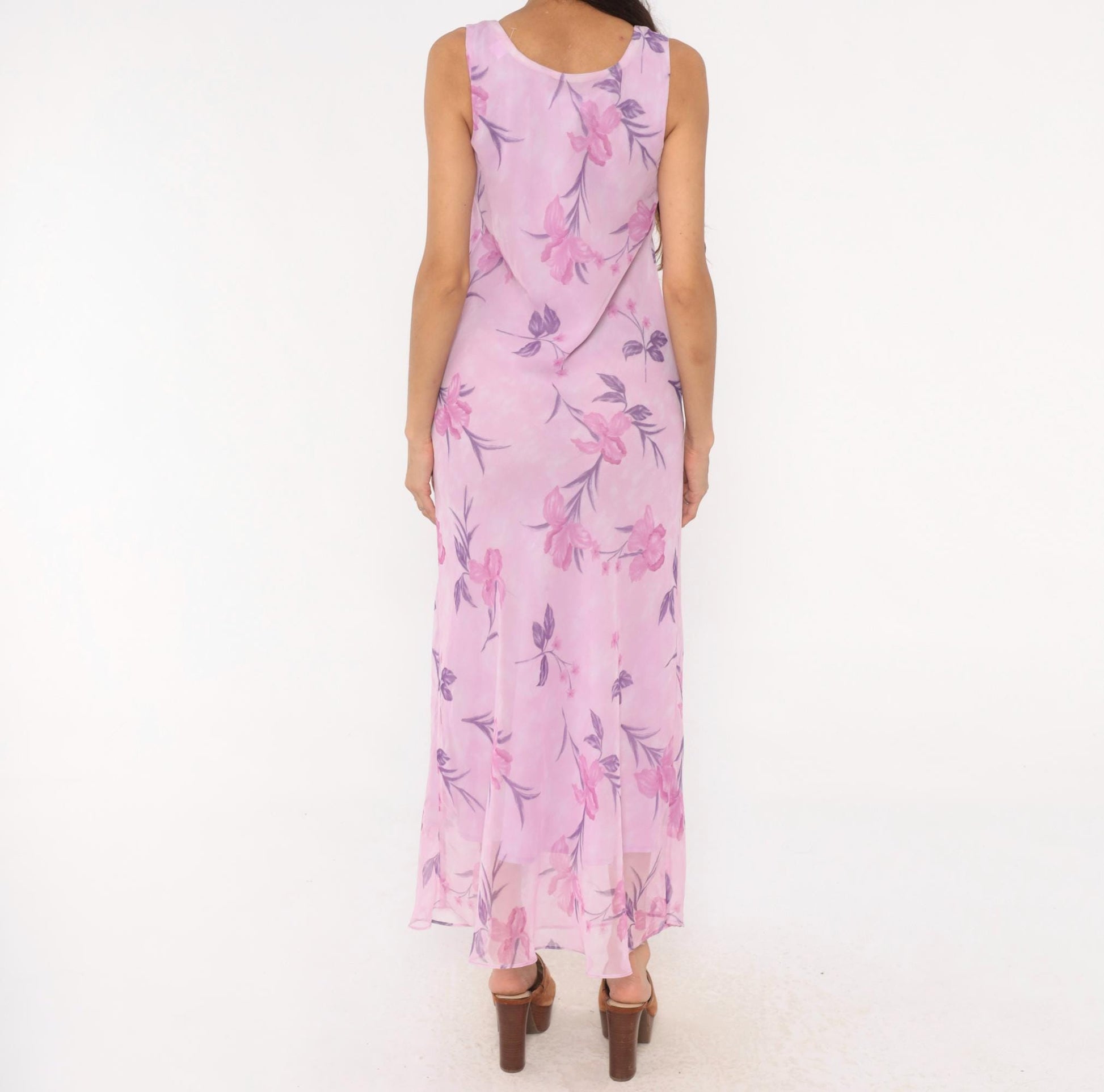 90s Sharon Max Lilac Floral Chiffon Maxi Dress Sleeveless Scoop Neck Small S