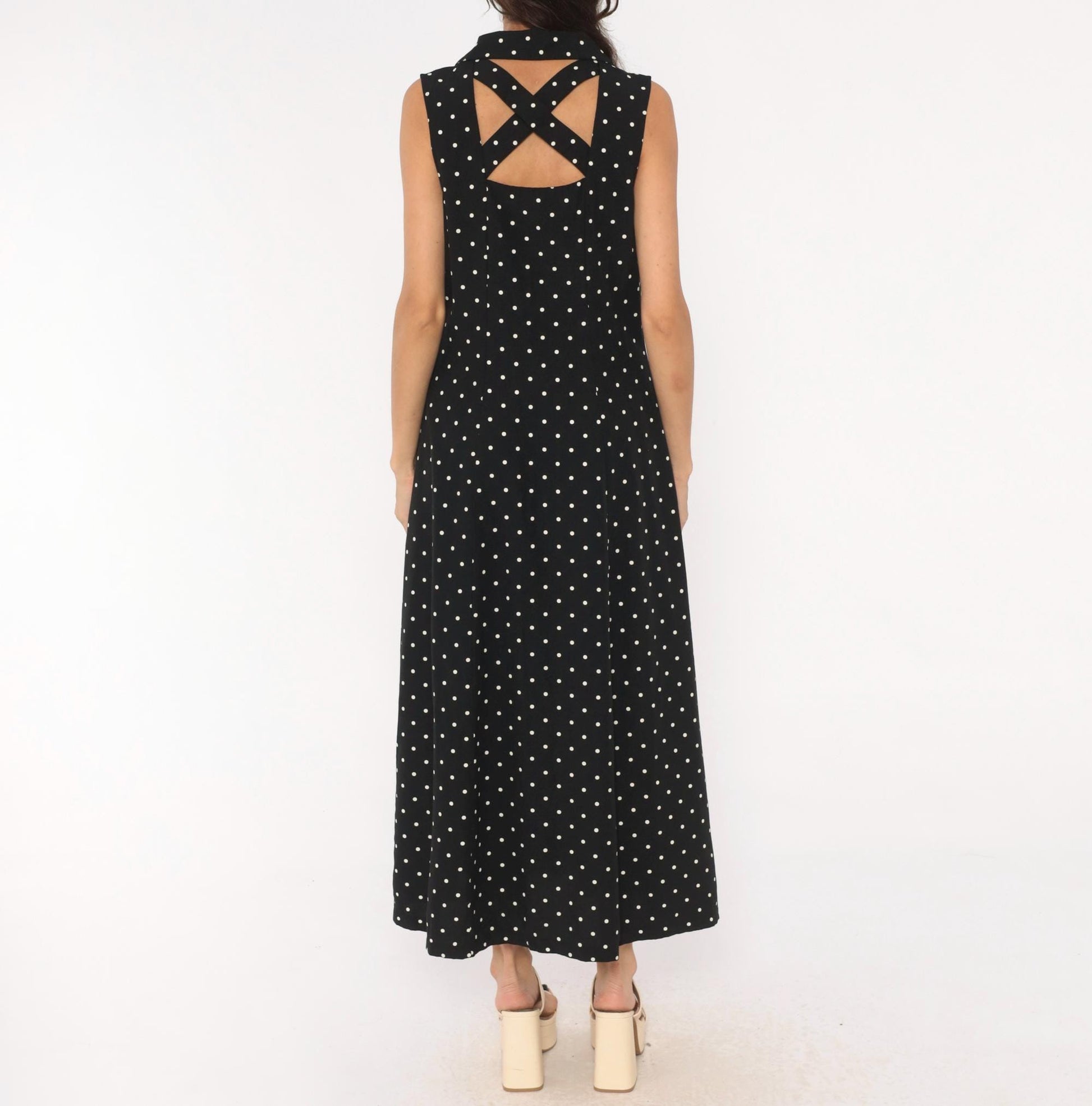 90s Dressbarn Black White Polka Dot Maxi Dress V Neck Button Front Large L