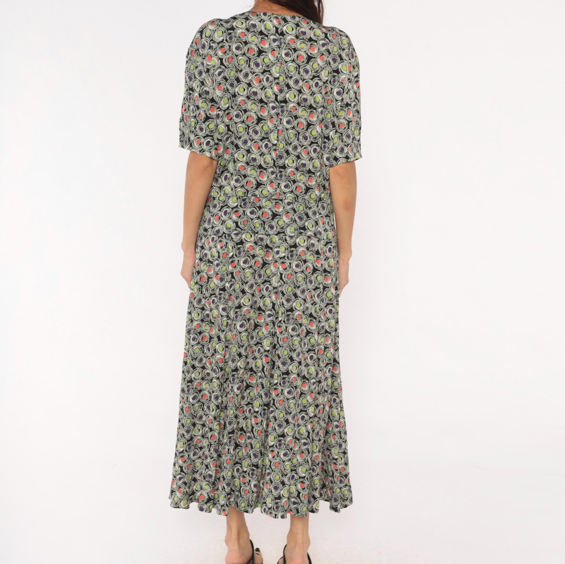 90s Liz Claiborne Maxi Dress Abstract Swirl Print Black Purple Green Coral Large L