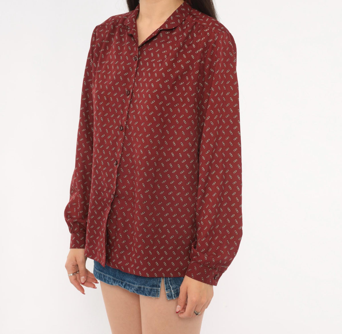 80s Koret Burgundy Chain Link Print Button Blouse Long Sleeve Medium M