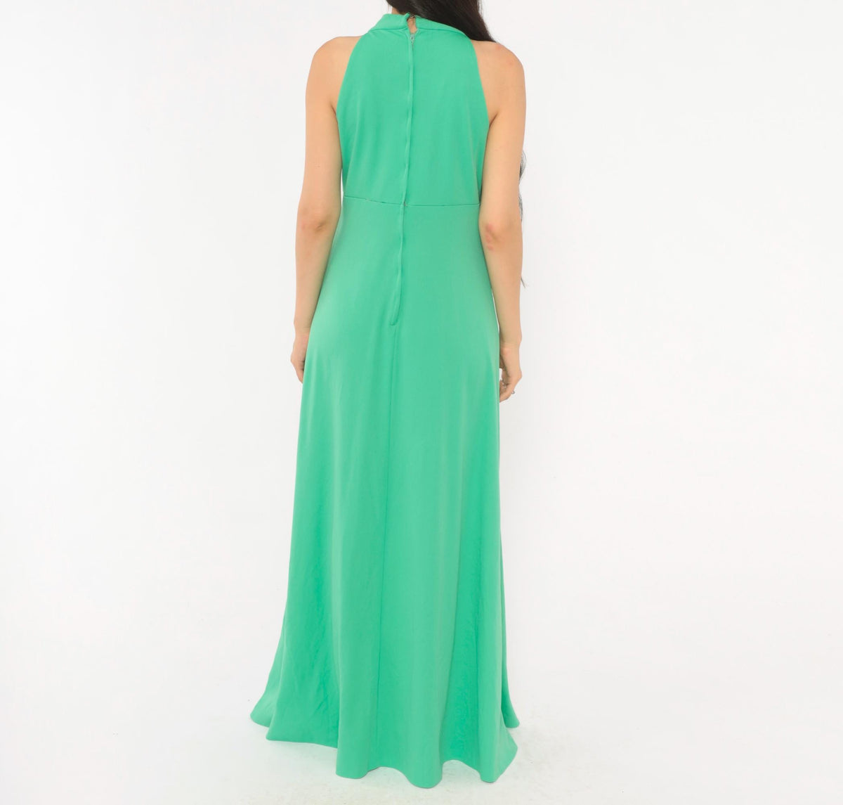 70s Mint Green Halter Maxi Dress Empire Waist Crochet Cutout V Neck Medium Large