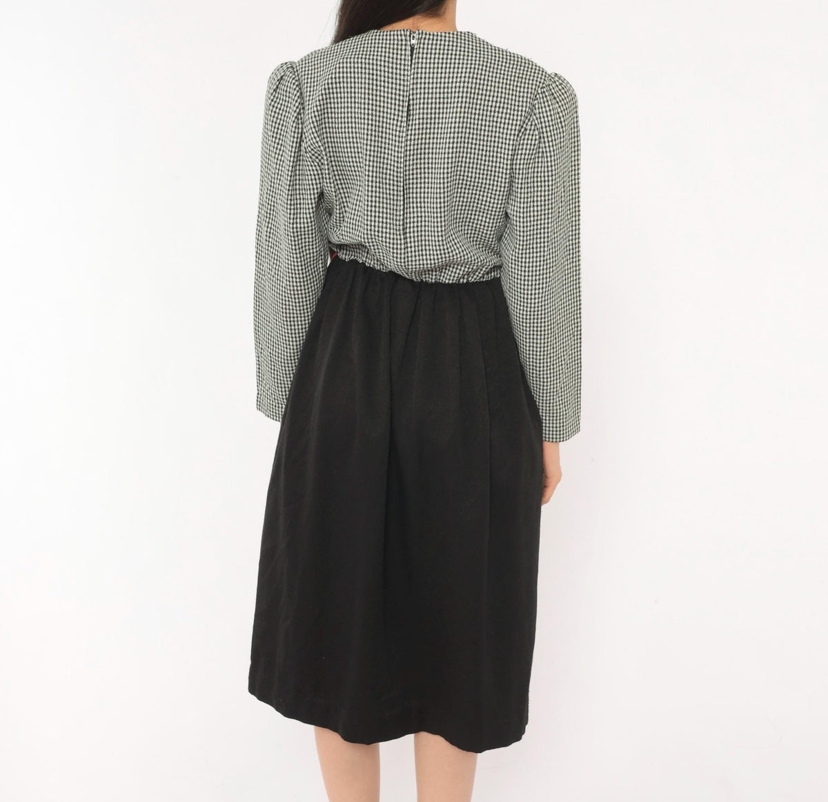 80s Houndstooth Check Dress Black White Puff Sleeve Knee Length V Panel Small