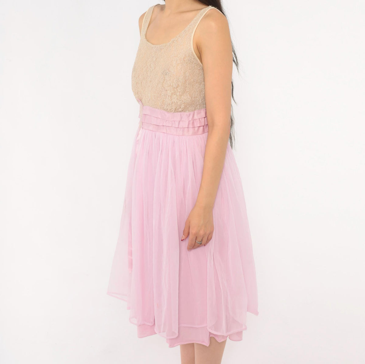 80s Carol Brent Lilac Chiffon Babydoll Dress Lace Bodice Lavender Small