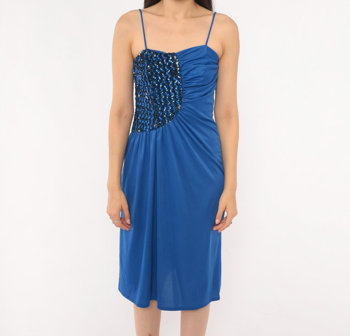 80s Cobalt Blue Sequin Spaghetti Strap Dress Knee Length Beaded Bodice Extra Small XS