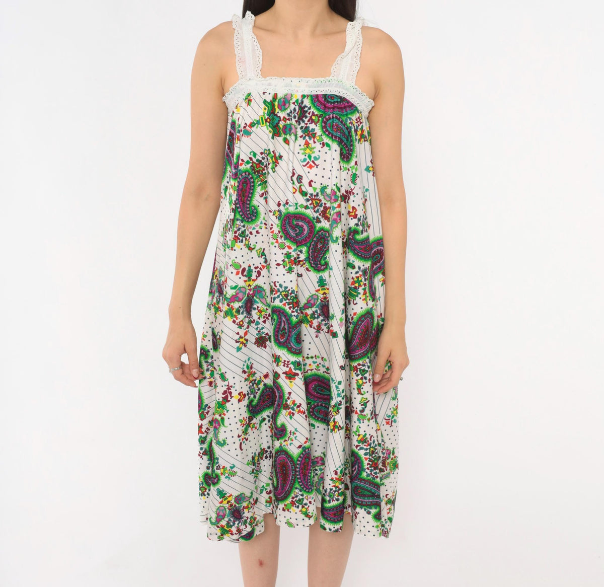 70s Paisley Floral Sundress White Green Purple Eyelet Lace Midi Extra Small