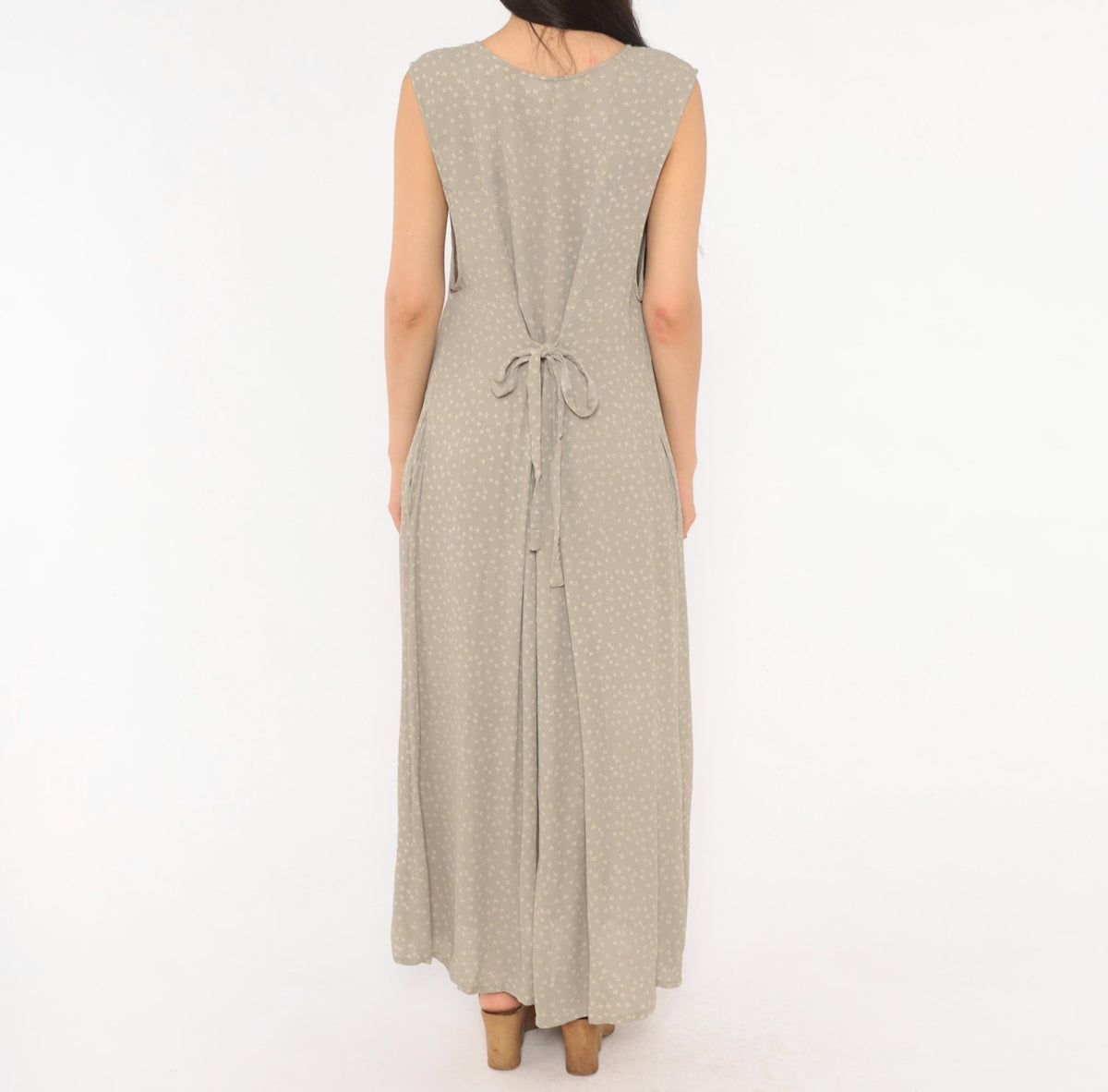 90s Bryn Connelly Ditsy Floral Maxi Dress Grey Cream Button Front Large L