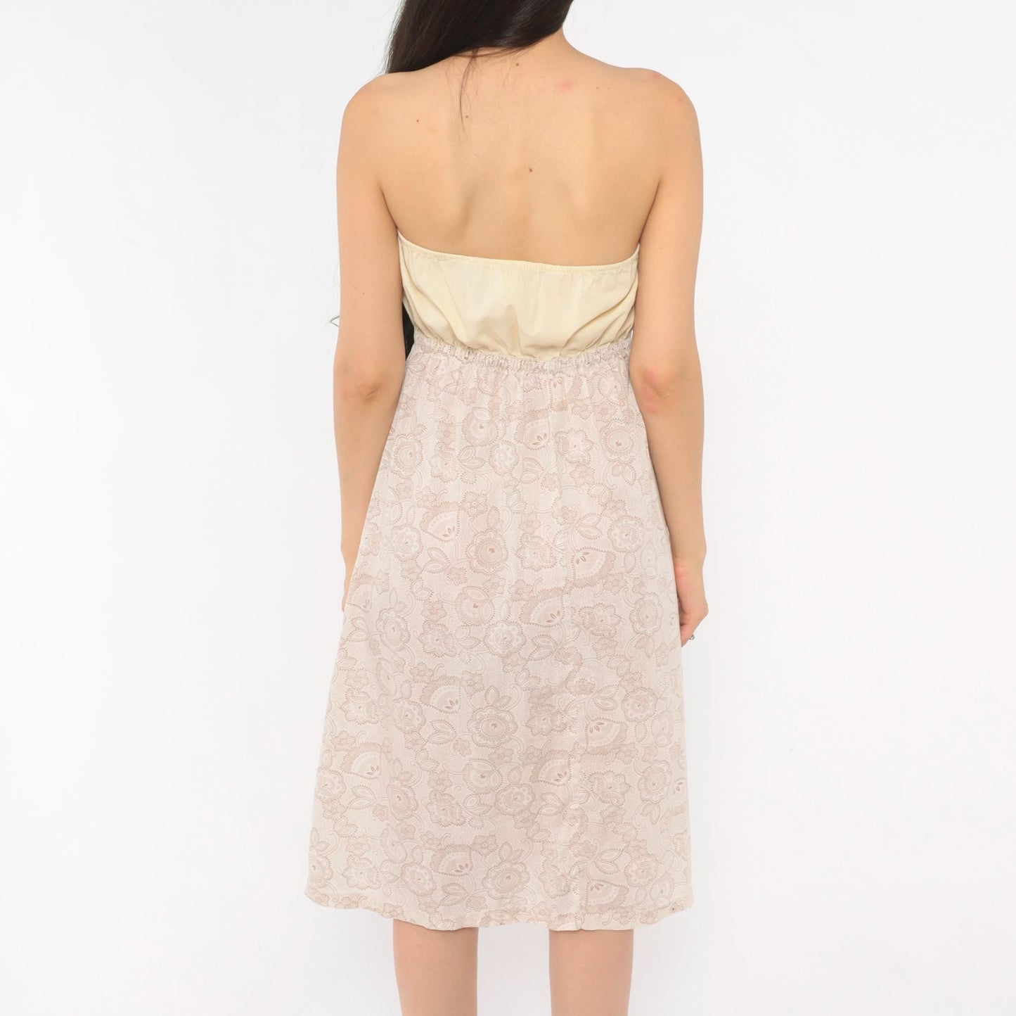 90s Cream Paisley Strapless Sundress Floral Print Lace Trim Small