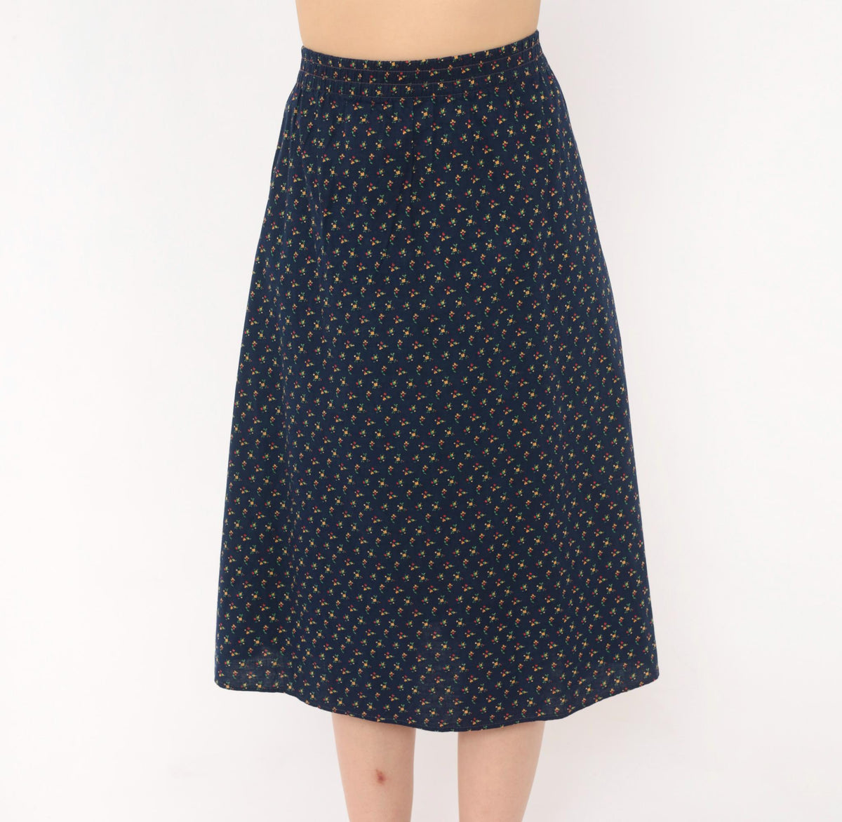 70s Faa 1st American Apparel Floral A-Line Skirt Navy Cotton Knee Length Large