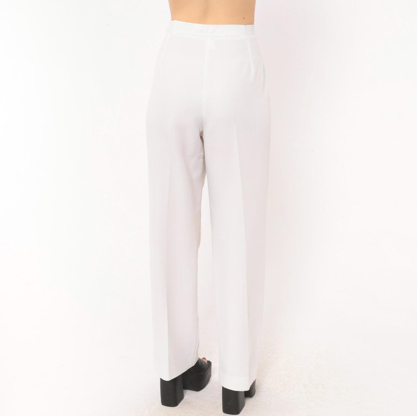 70s White High-Rise Wide-Leg Trousers Pleated Straight Pants Large L