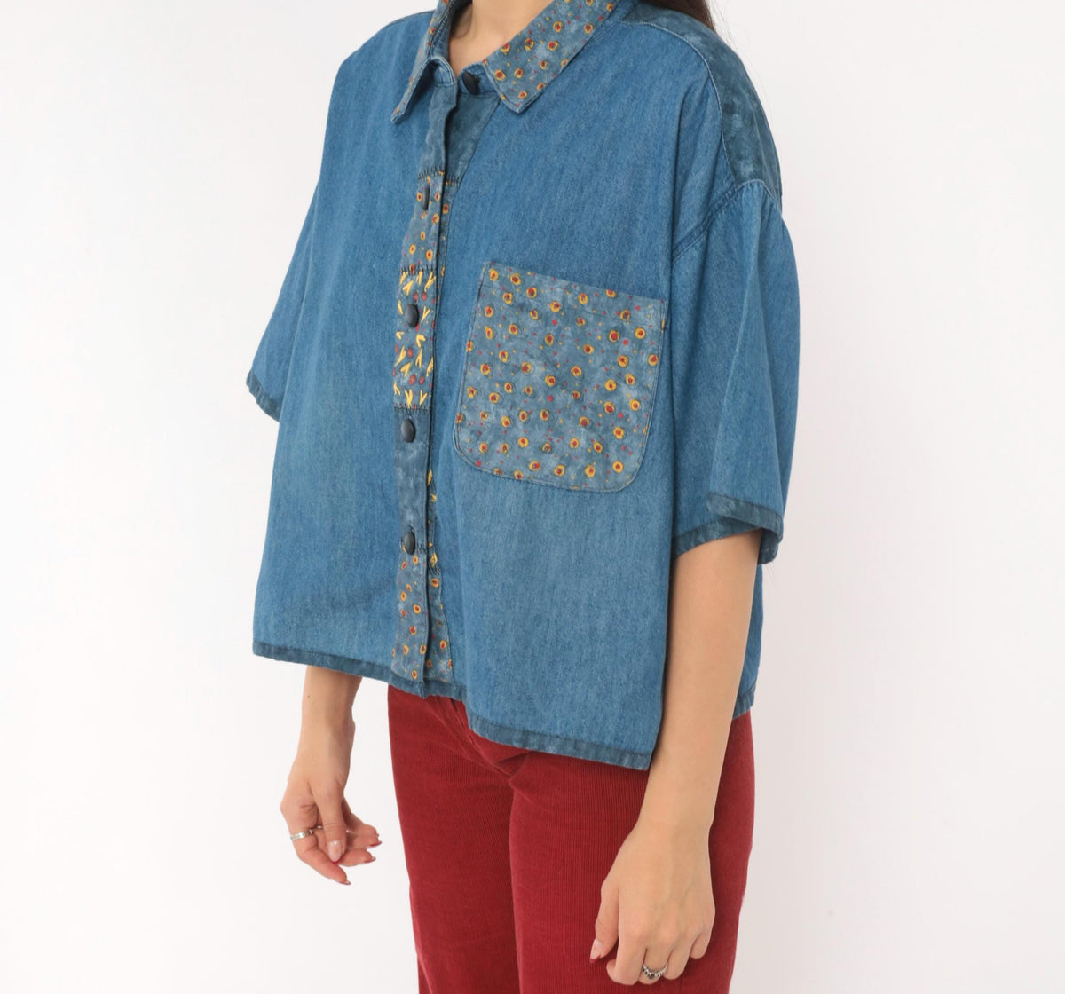 90s St. Jeanne Denim Shirt Patchwork Print Button Front Cotton Extra Large XL