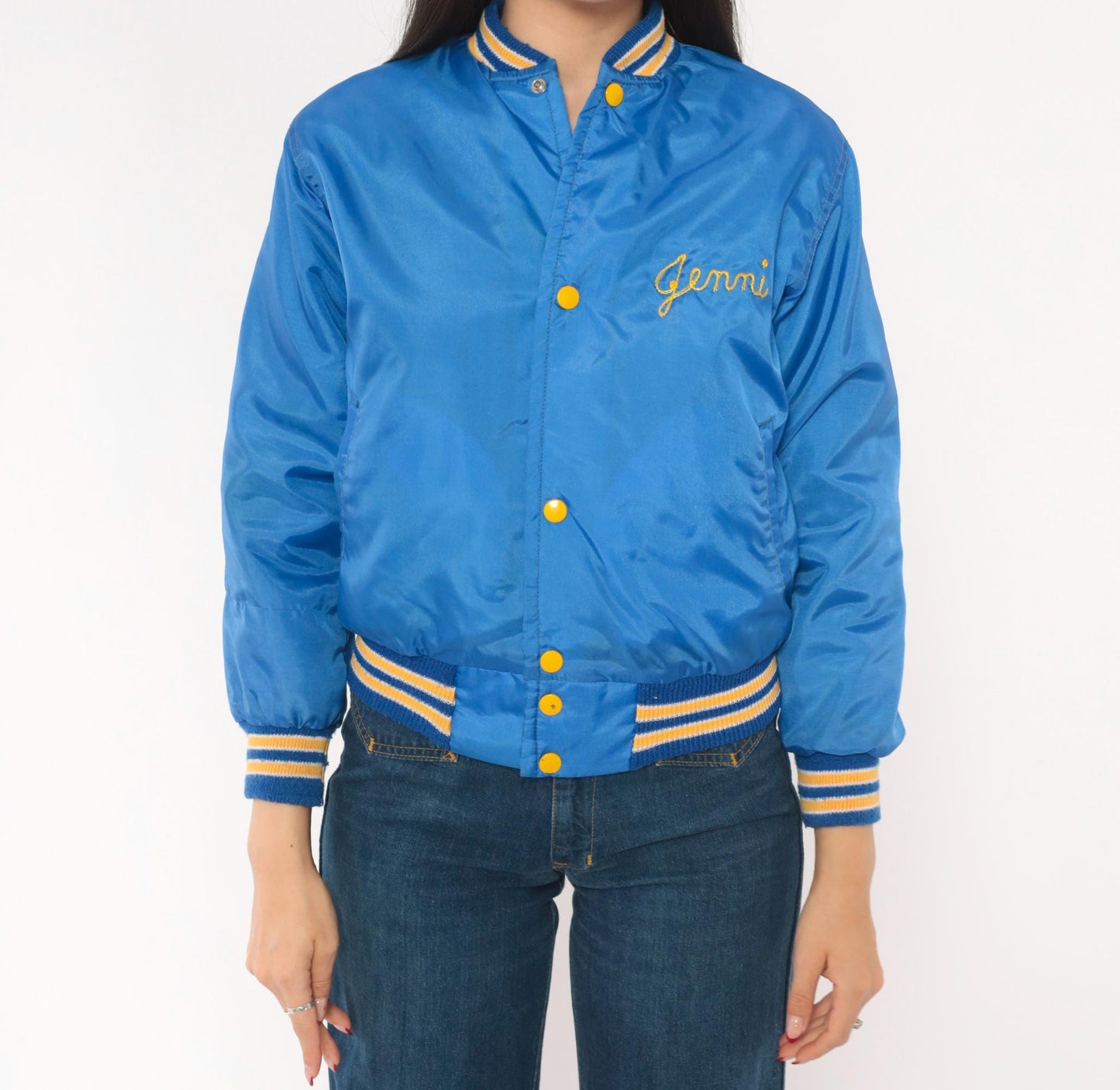 80s West Wind Royal Blue Satin Bomber Jacket Hastings Embroidered Gold Lined XS