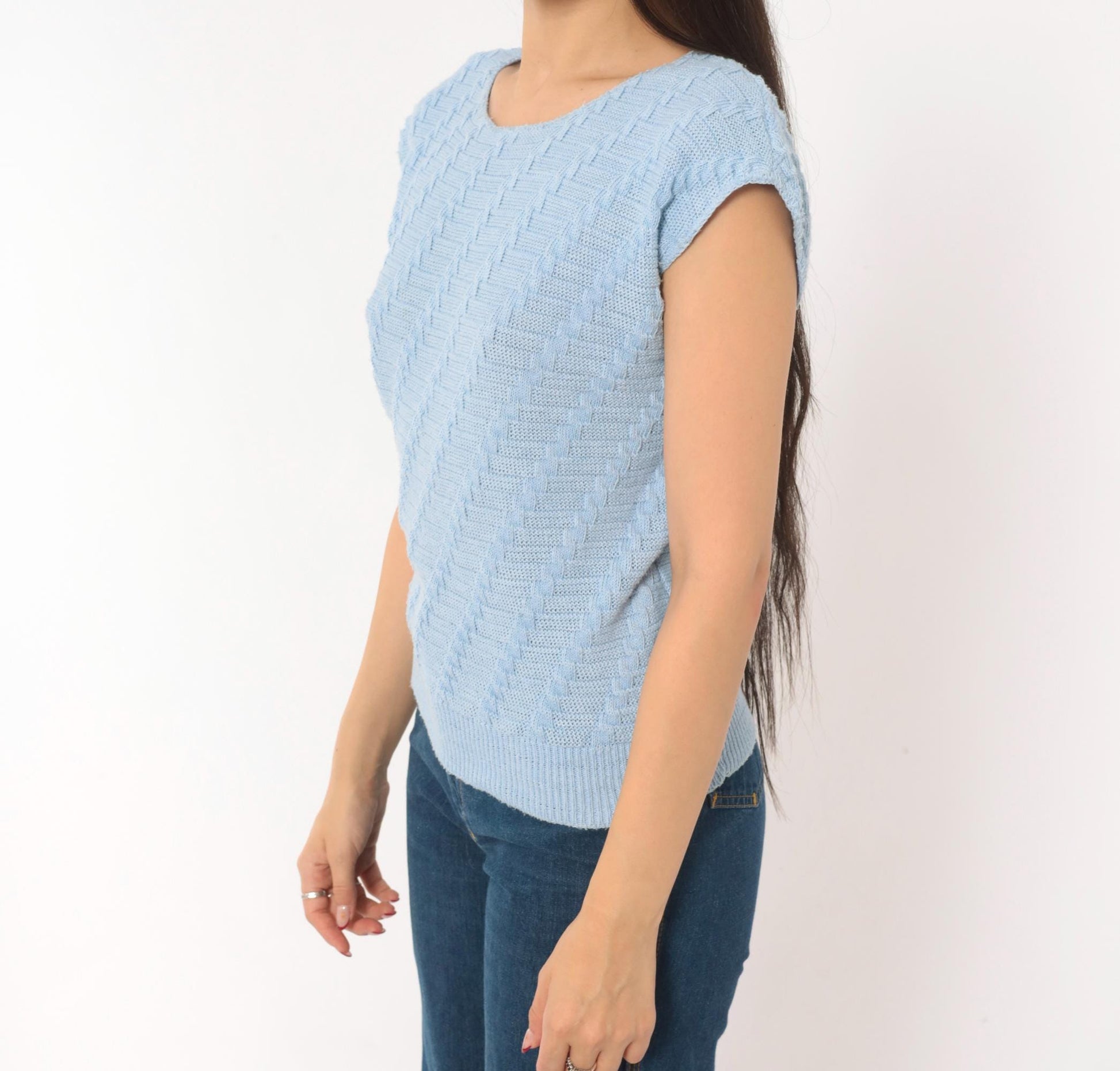 80s King Basketweave Knit Top Cap Sleeve Powder Blue Small Medium