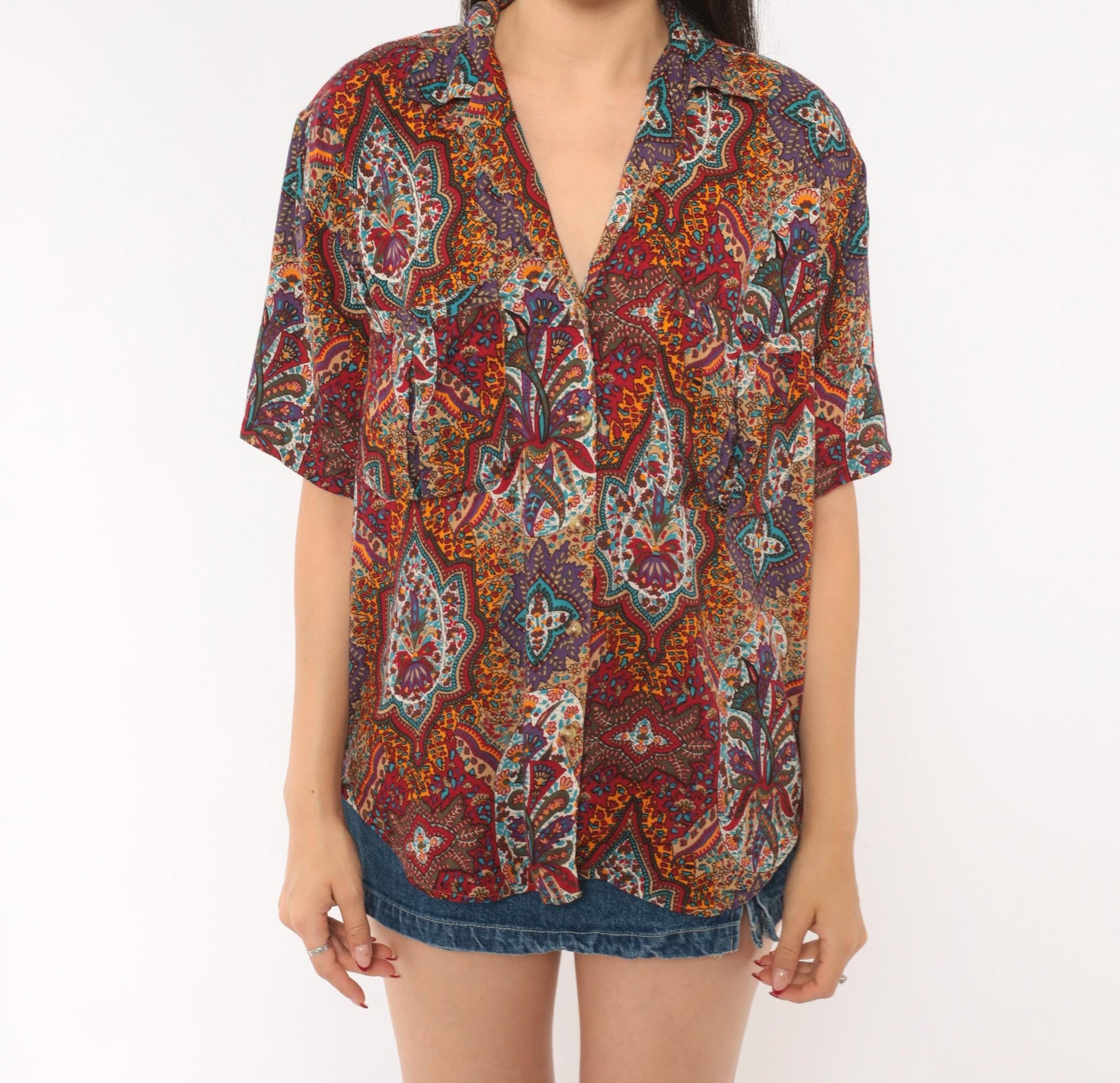 90s Outback Red Paisley Button Front Shirt Camp Collar Purple Medium M