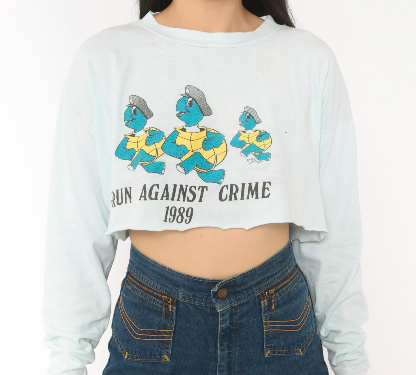 80s Run Against Crime 1989 Cartoon Turtle Police Crop Top Baby Blue Medium
