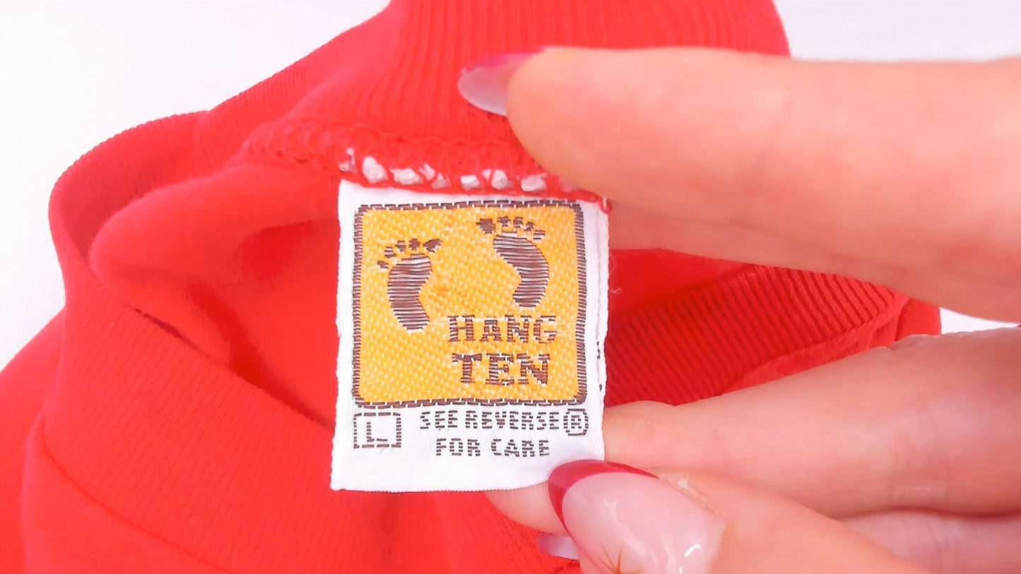 80s Hang Ten Red Cropped Raglan Tee Embroidered Logo Cotton Large L