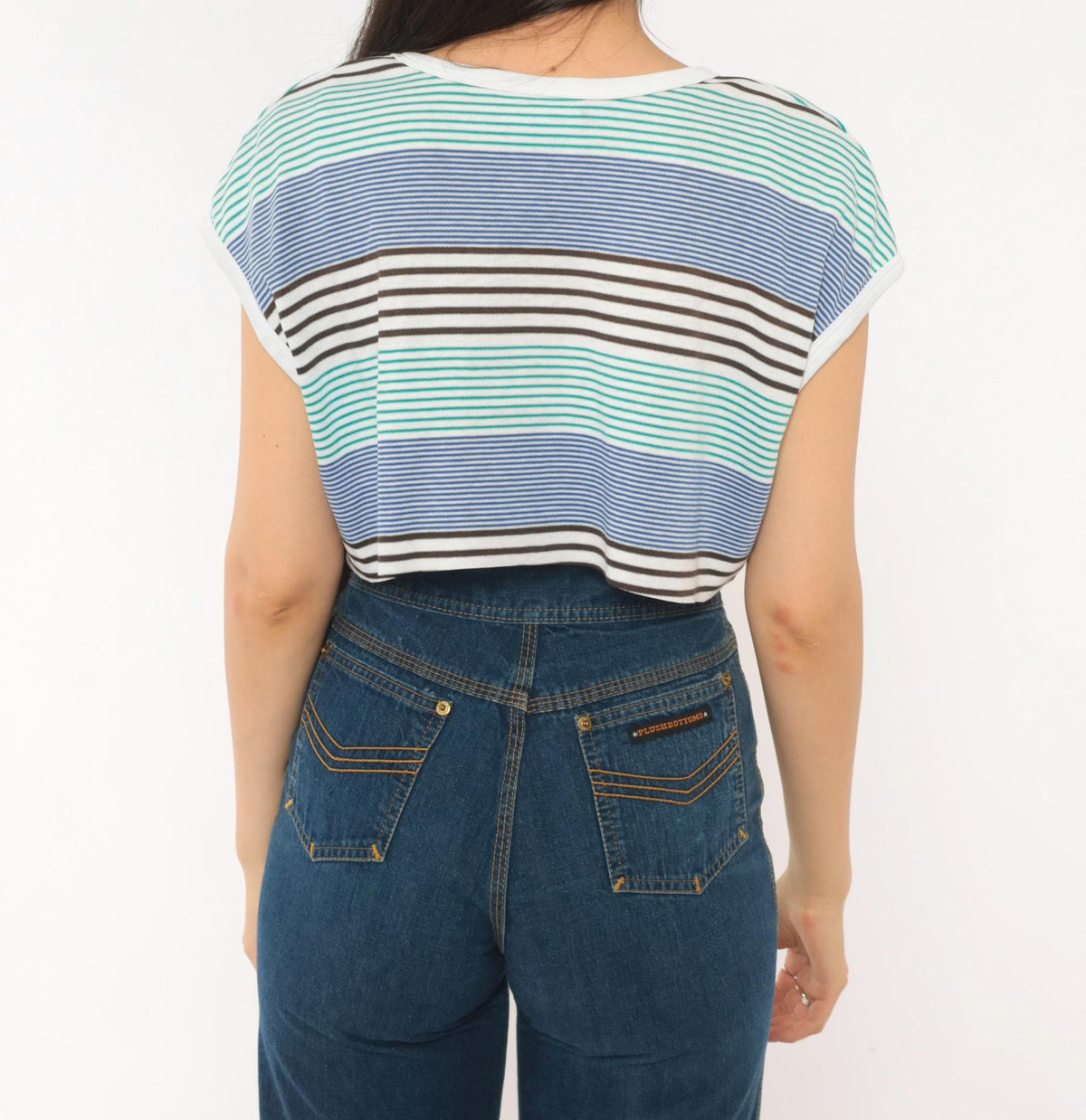 80s Lily's of Beverly Hills Striped Crop Top V-Neck Cap Sleeve Medium