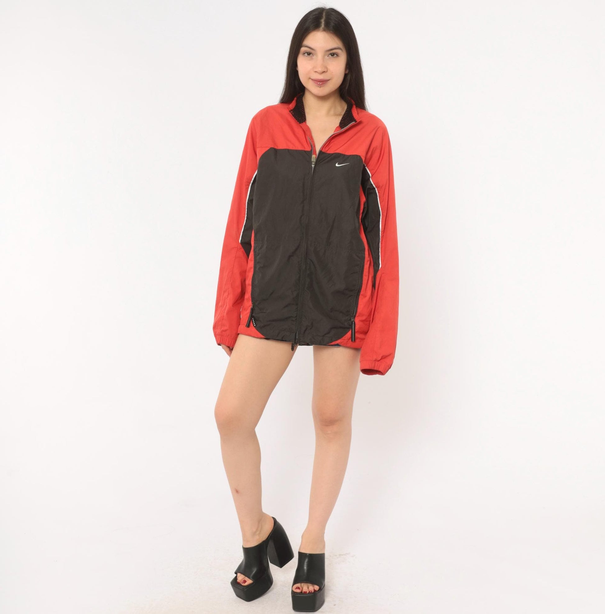 2000s Nike Windbreaker Red Black Color Block Raglan Small S
