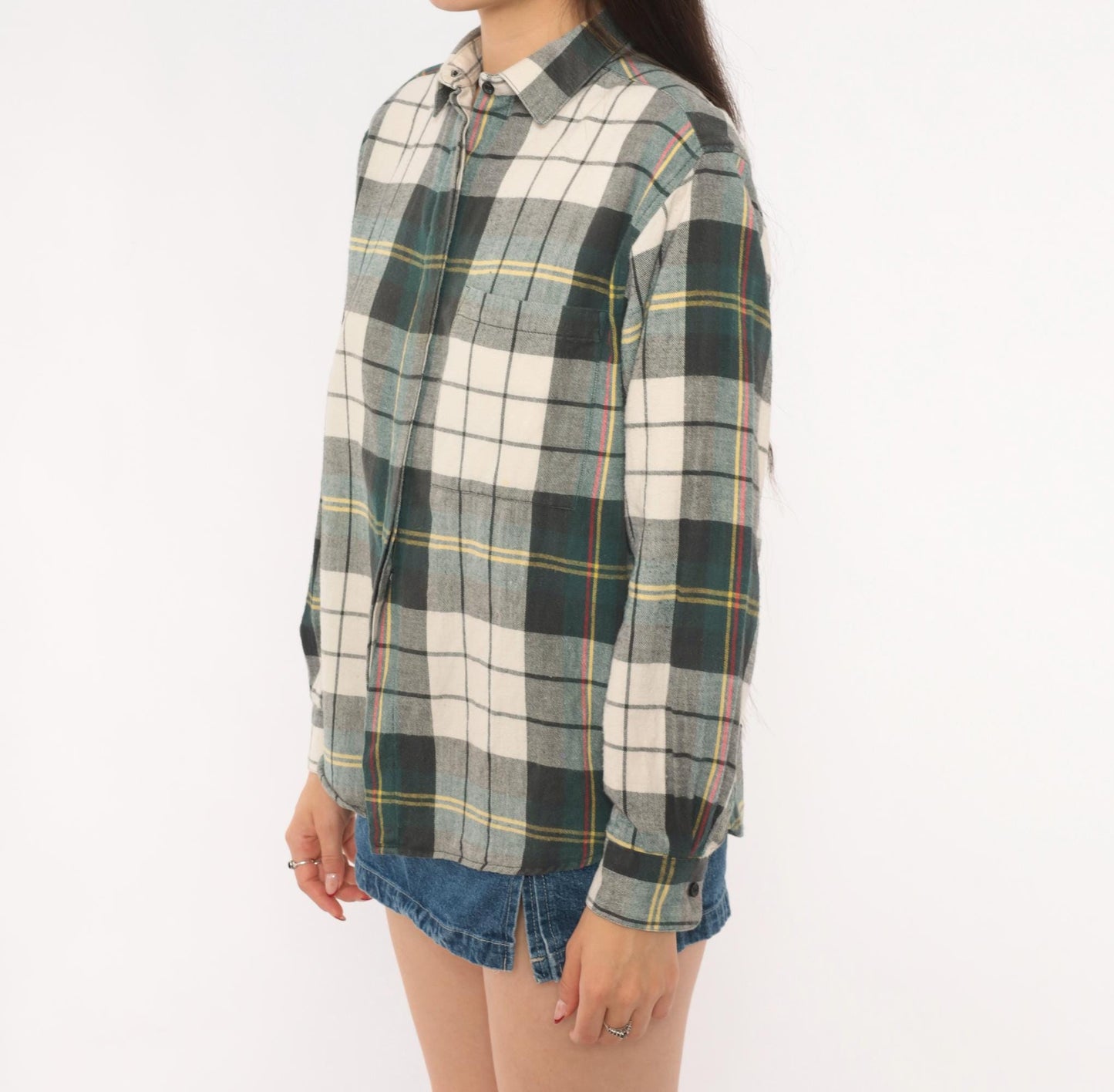 90s Diane Von Furstenberg Plaid Flannel Shirt Grey Green Cream Tartan Blouse