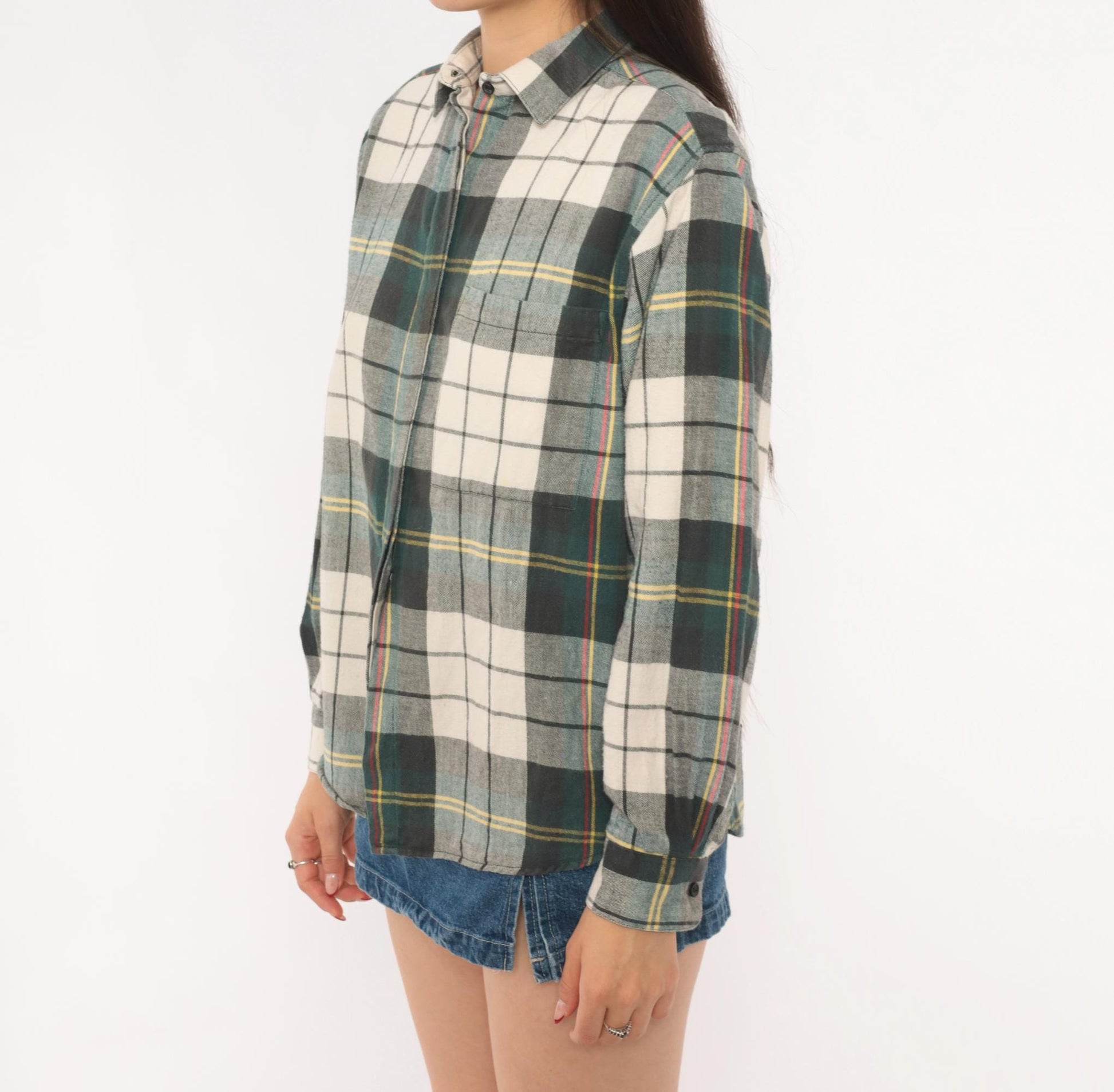 90s Diane Von Furstenberg Plaid Flannel Shirt Grey Green Cream Tartan Blouse