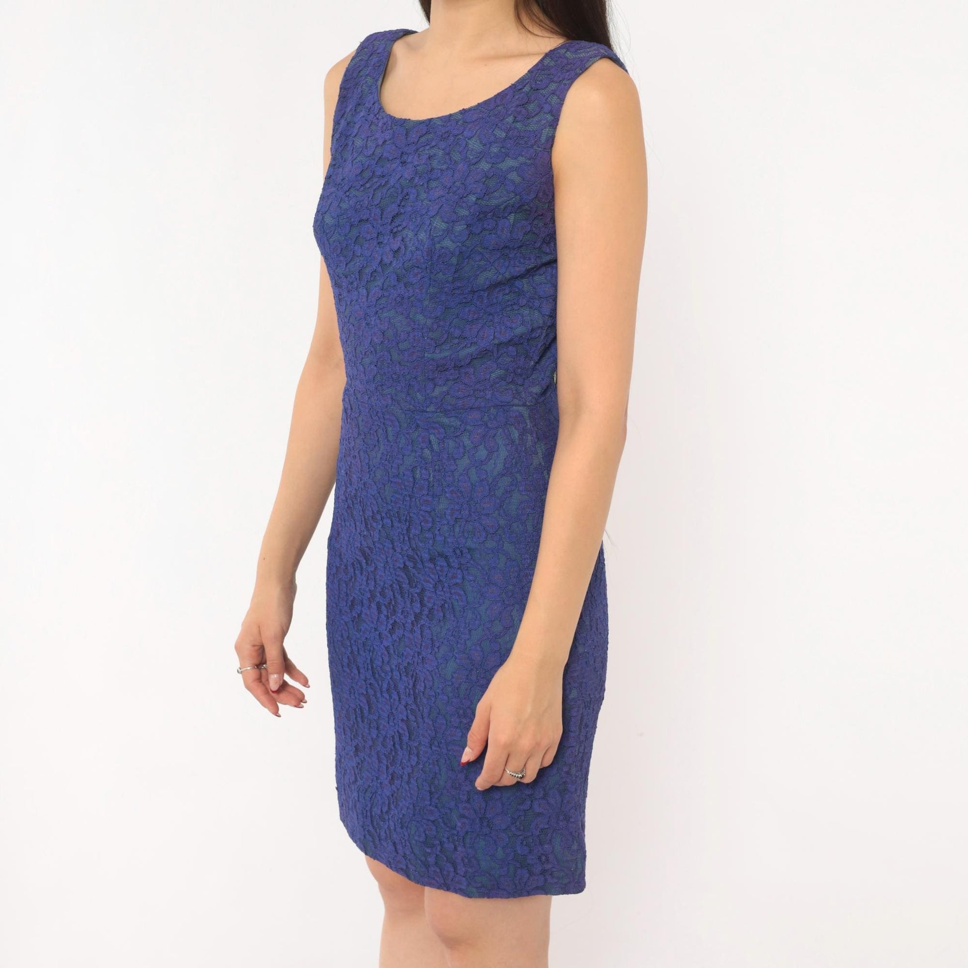 60s Cobalt Lace Sheath Dress Sleeveless Knee-Length Mod Floral Small