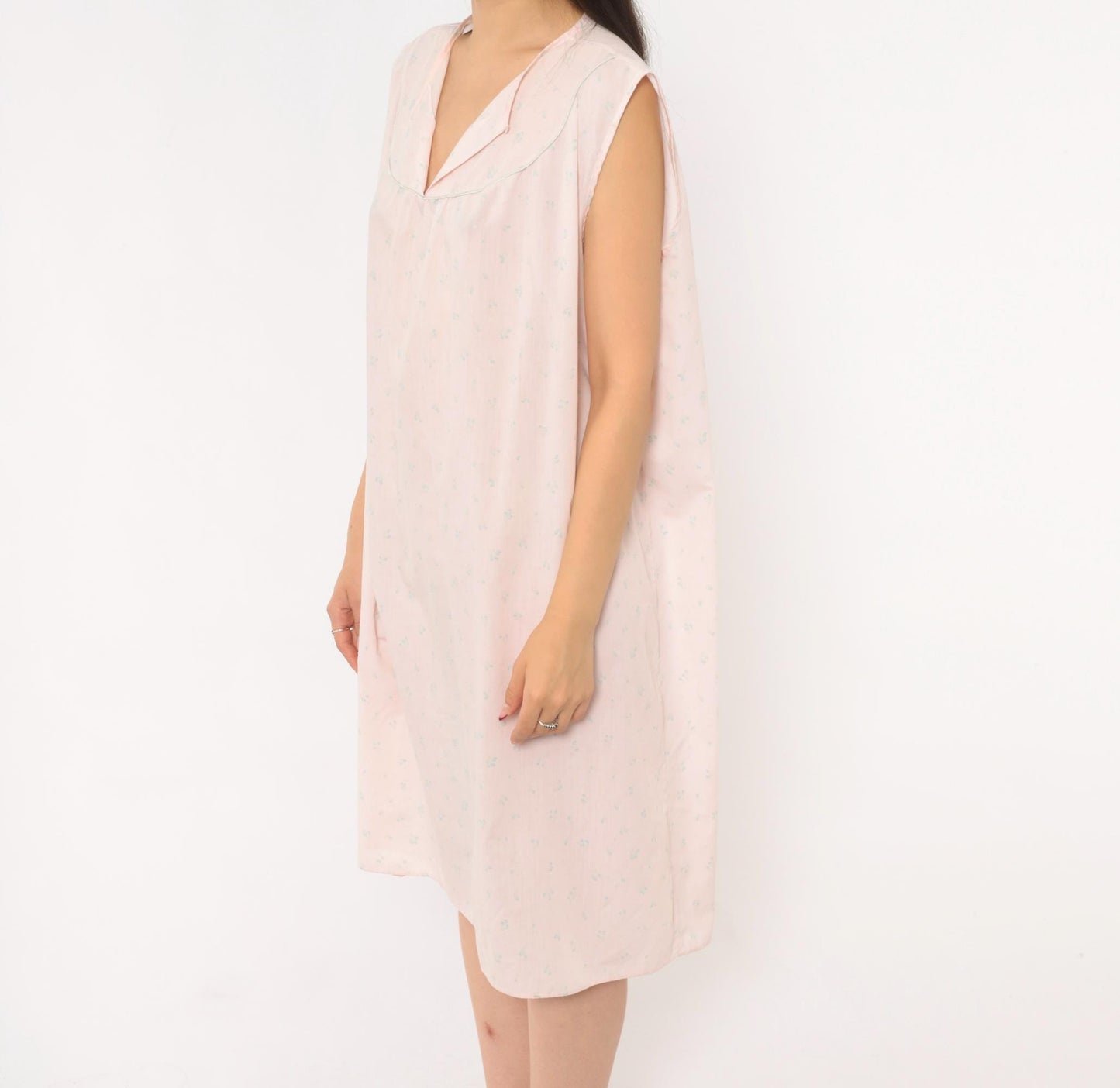 80s Pink Floral Sleeveless Nightgown Cotton V-Neck Knee-Length Extra Large