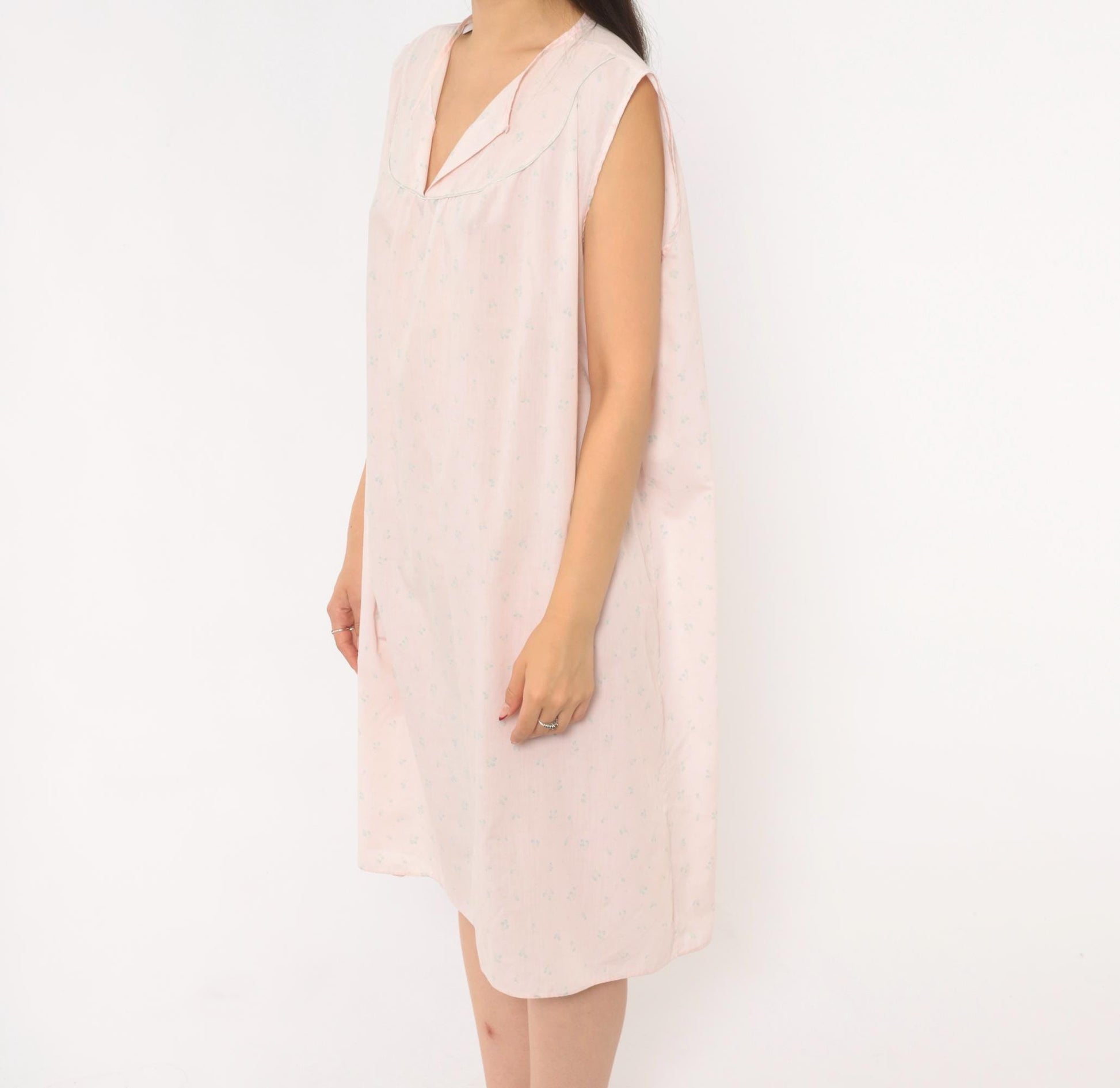 80s Pink Floral Sleeveless Nightgown Cotton V-Neck Knee-Length Extra Large