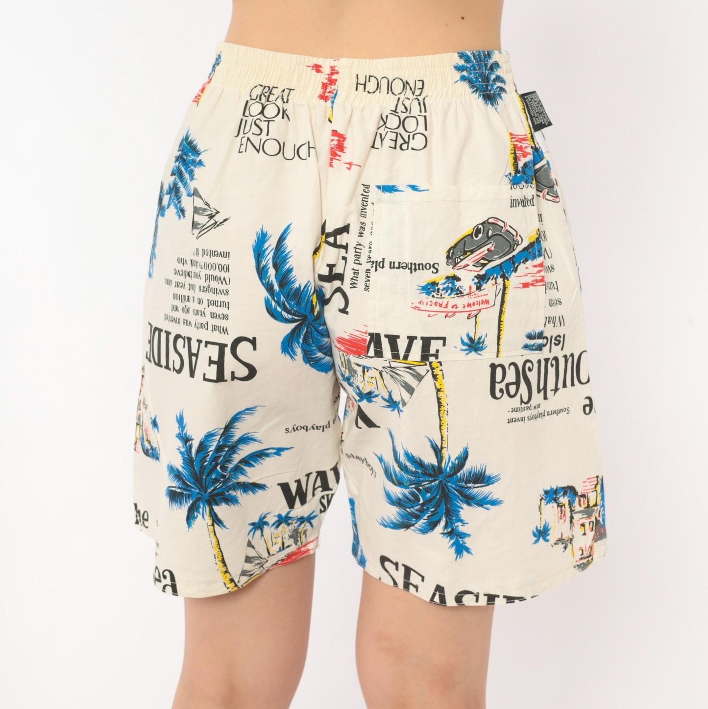 80s Altess Tropical Print Shorts Palm Tree Graphic Cream Blue Medium