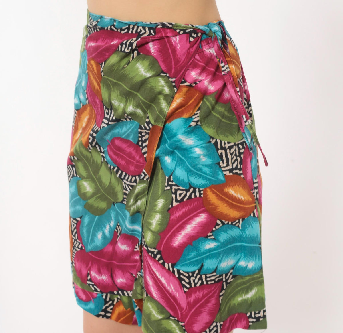 90s Cristin Stevens Tropical Leaf Wrap Skort Magenta Teal Mini Extra Large XL