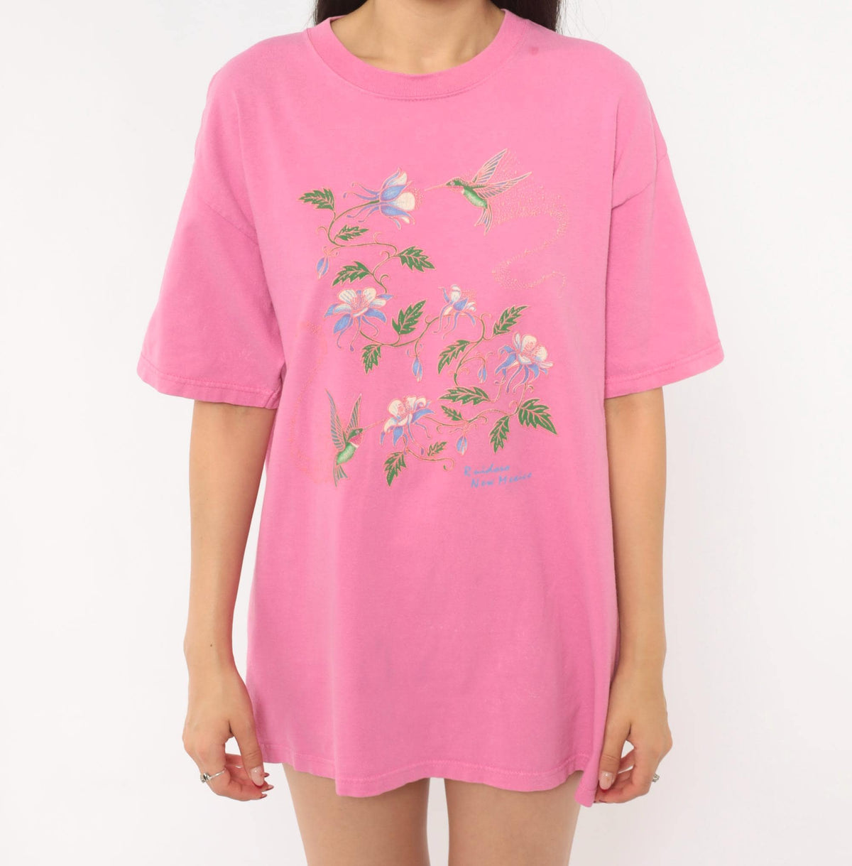 2000s Sportex Hummingbird Floral Graphic Tee Pink Cotton Ruidoso New Mexico Large L