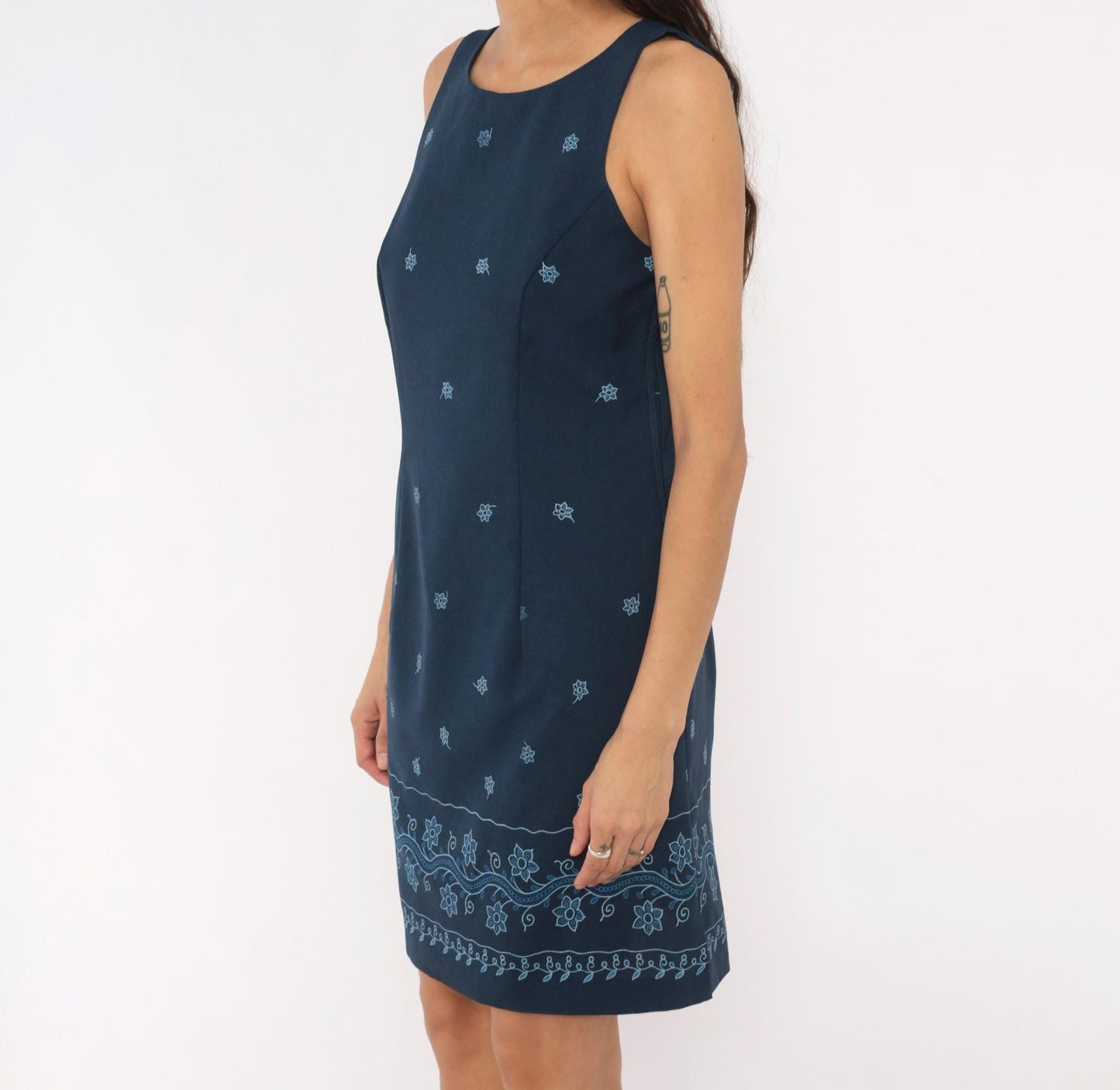 90s DBY Navy Shift Dress Embroidered Floral Border Sleeveless Medium M