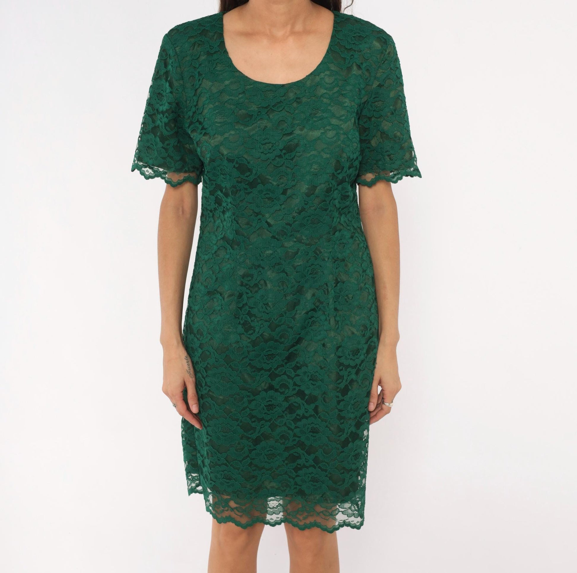 90s My Michelle Emerald Lace Dress Scalloped Short Sleeve Floral Overlay Large L