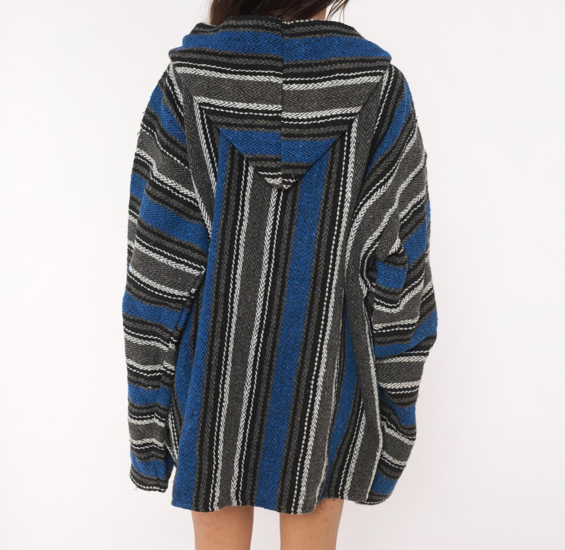 90s Earth Ragz Baja Hoodie Navy Grey Striped Herringbone Plus Size XXL
