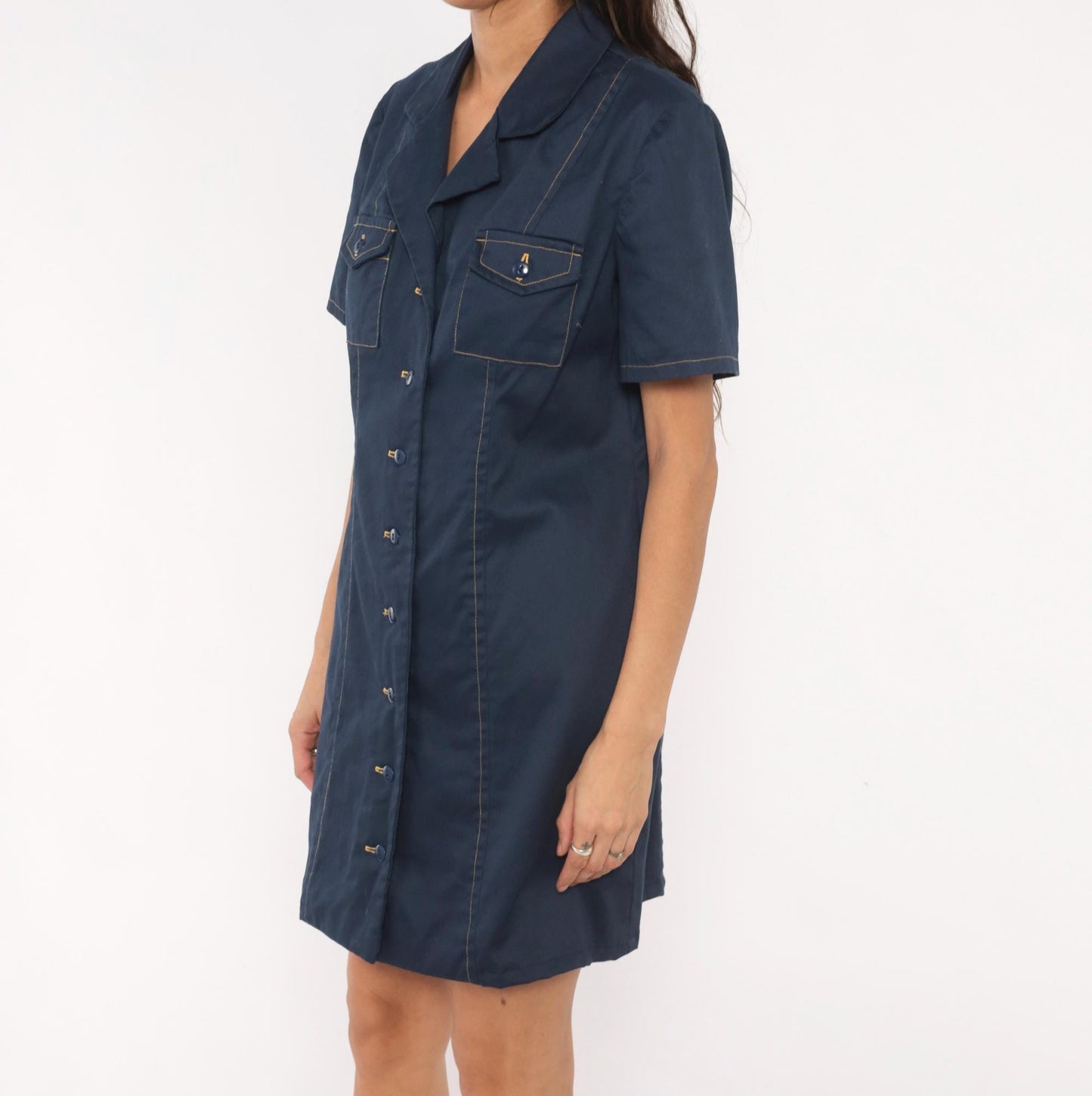 60s Navy Cotton Shirt Dress Button Front Notched Collar A-Line Medium M